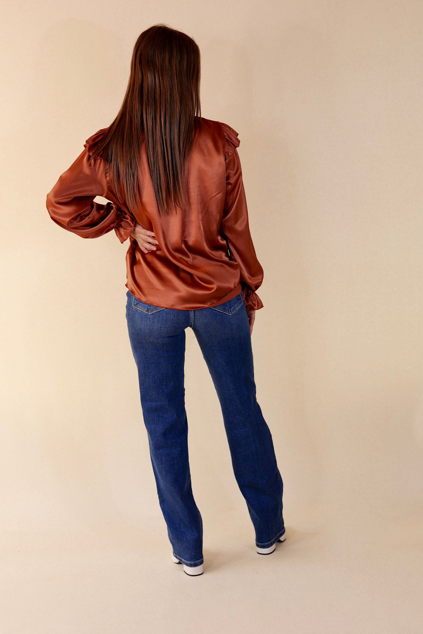 Ultimate Elegance Ruffle Mock Neck Satin Blouse - Rust Brown