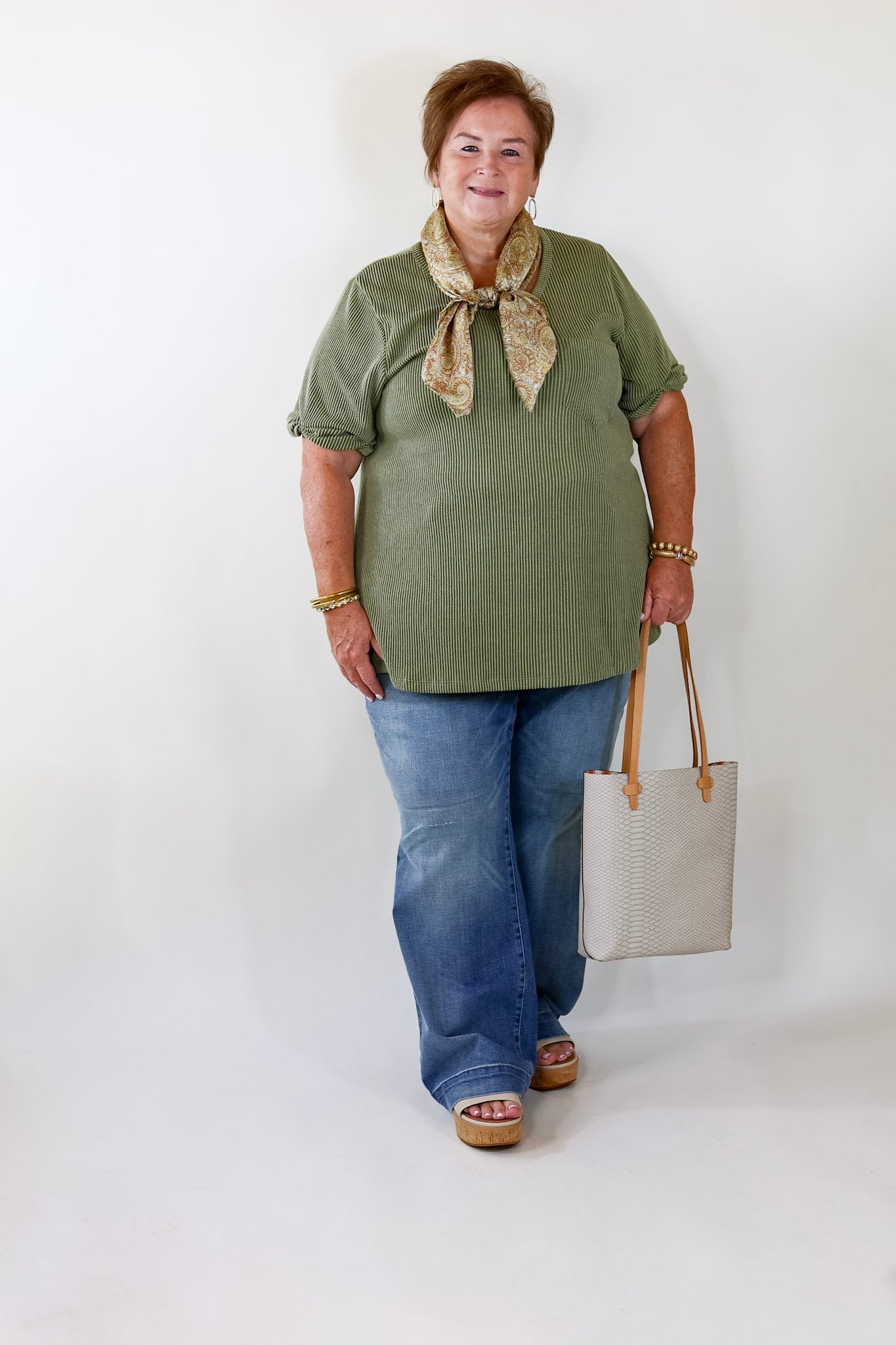 Premium Olive Green Ribbed Short Sleeve Top with Front Pocket
