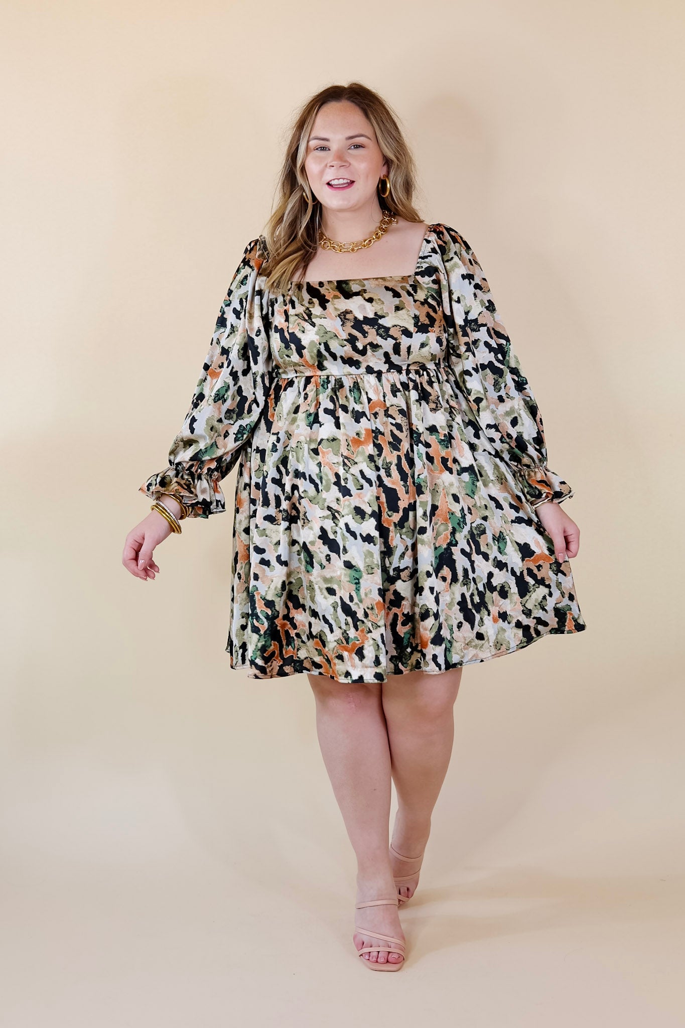 Premium Watercolor Satin Dress | Olive Mix Elegance with 3/4 Sleeves