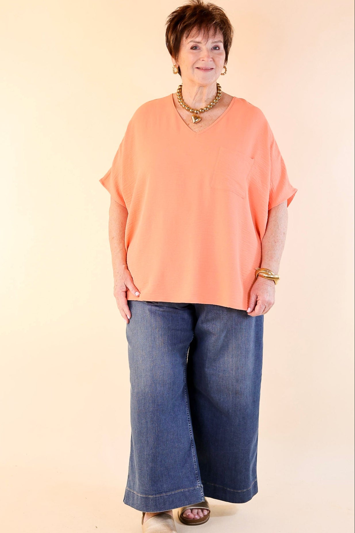 Premium Casual V-Neck Short Sleeve Top with Front Pocket - Coral