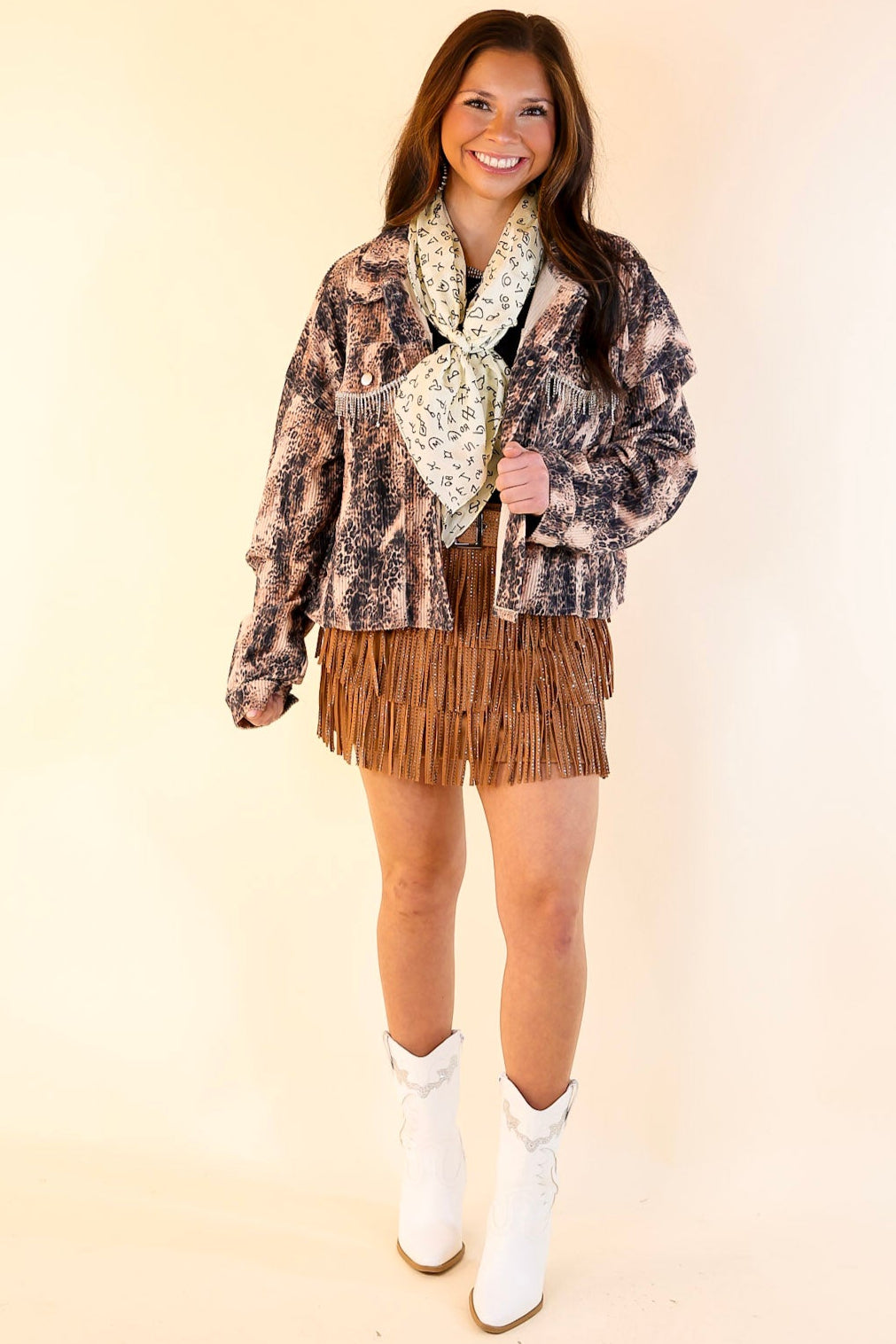Ultimate Chic Corduroy Animal Print Jacket with Crystal Fringe - Blush Pink & Black