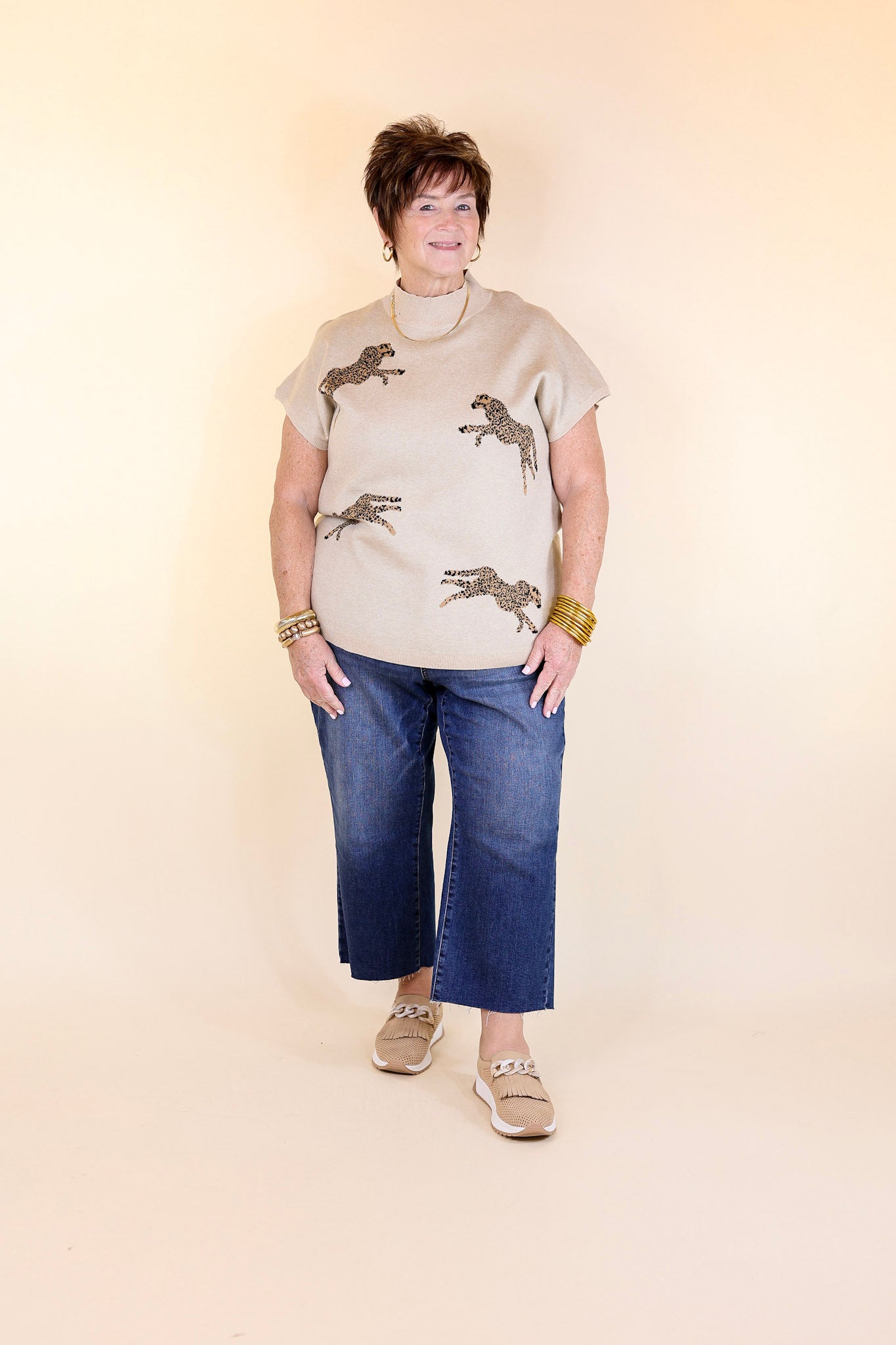Premium Elegance Cheetah Print Sweater Top in Oatmeal Beige