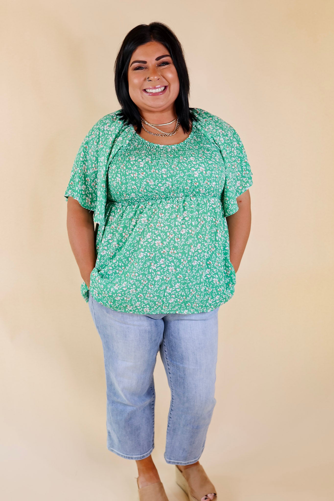 Premium Floral Smocked Top - Green Coastal Chic