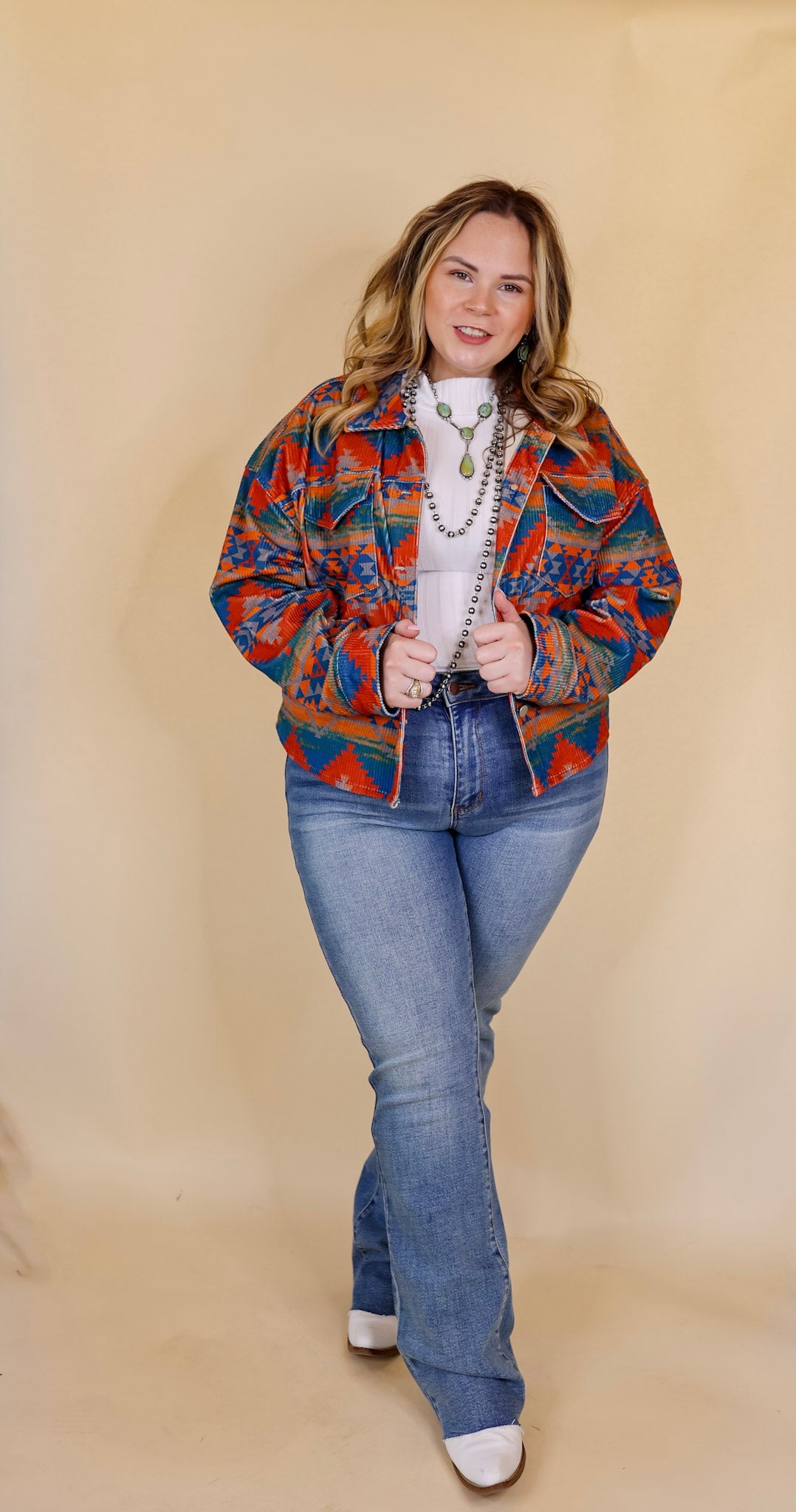 Premium Corduroy Aztec Print Shacket - Red & Blue