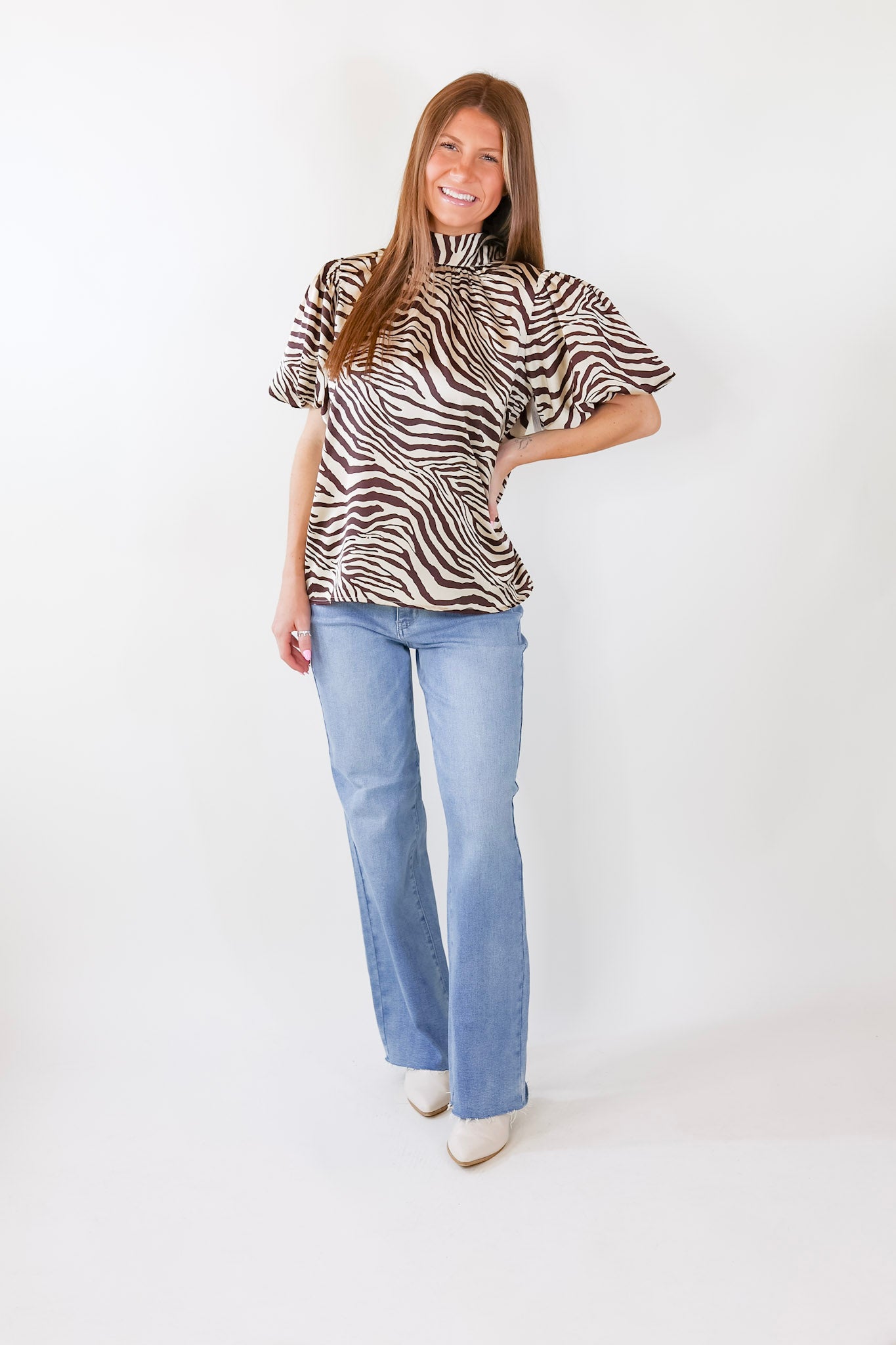 Premium Rival Flair Zebra Print Mock Neck Top - Chocolate Brown & Cream