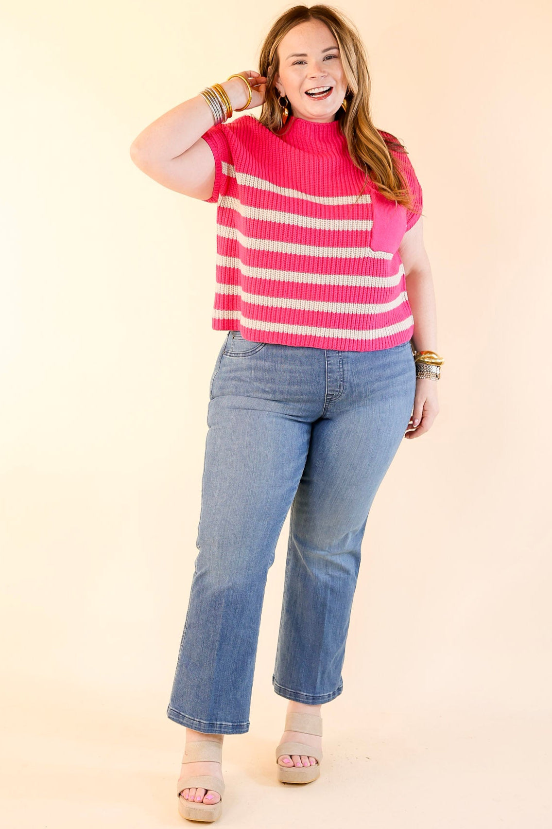 Premium Striped Cap Sleeve Sweater - Hot Pink | Ultimate Comfort & Style