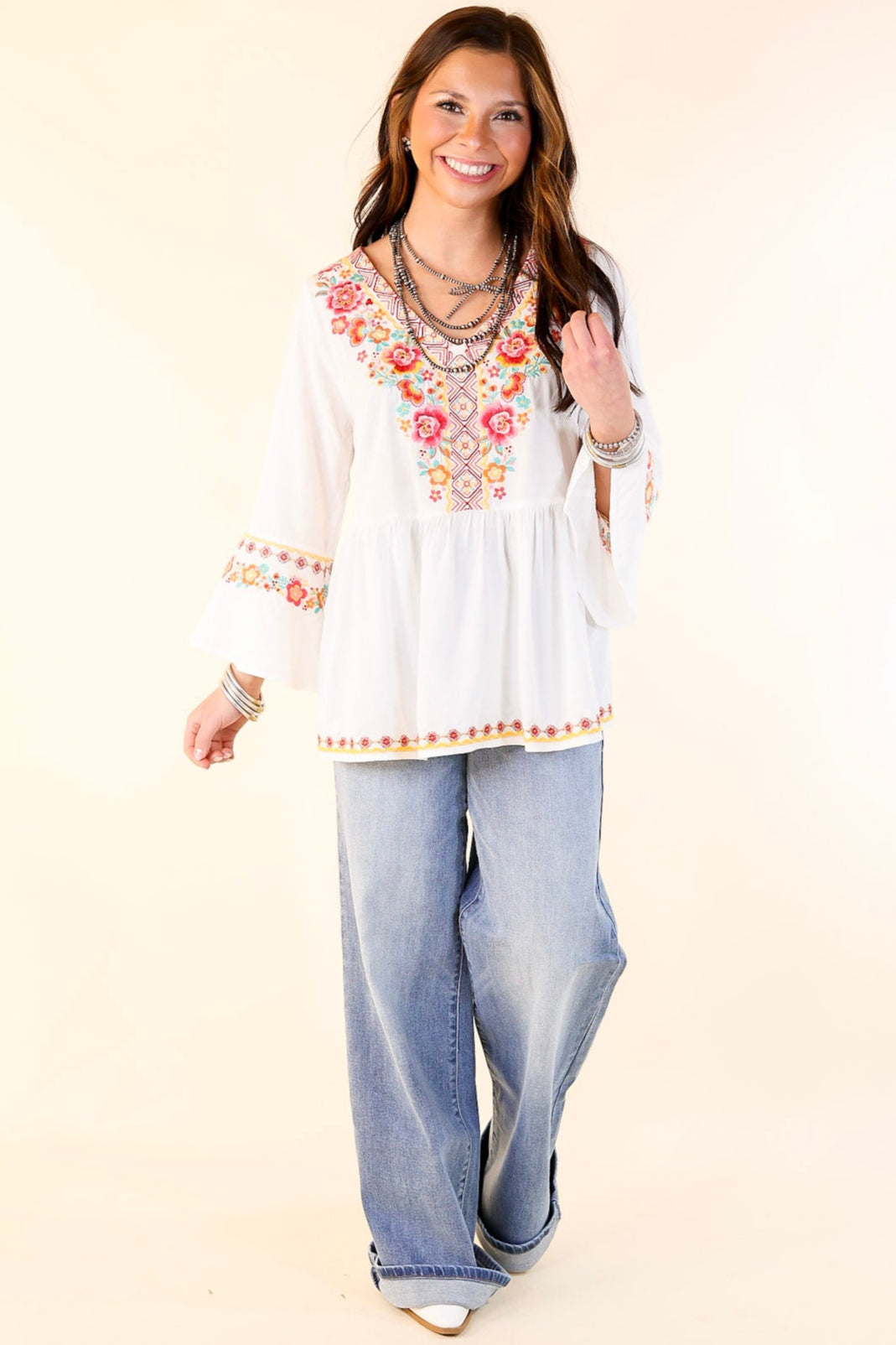 Premium Joyous Moments 3/4 Bell Sleeve Embroidered Babydoll Top in White