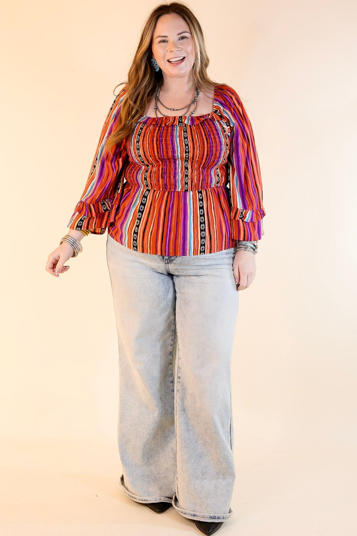 Premium Blissful Break Serape Print Peplum Top – Rust Orange Mix