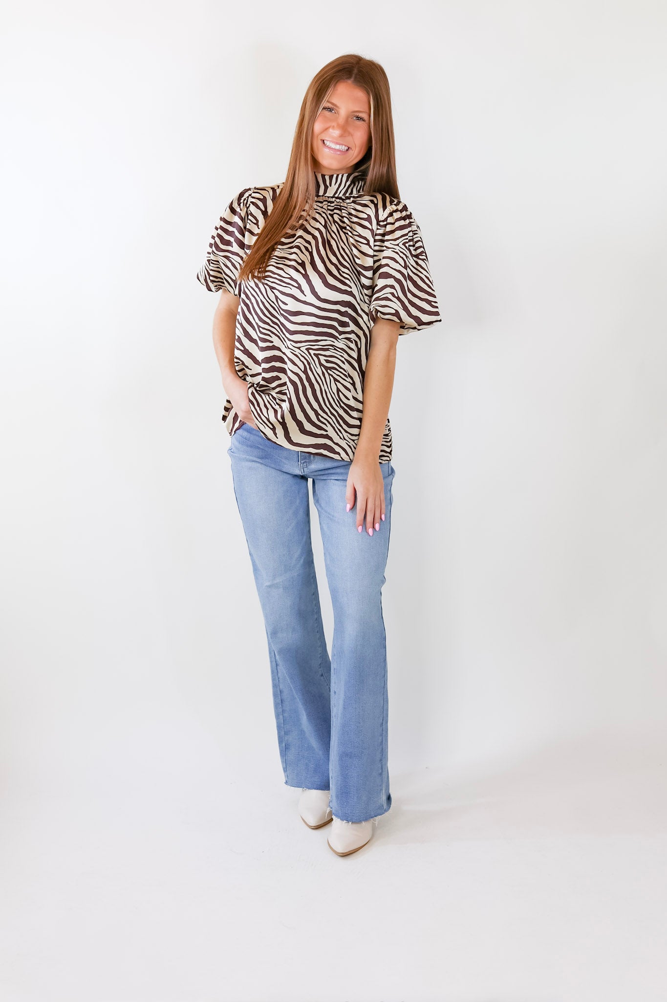 Premium Rival Flair Zebra Print Mock Neck Top - Chocolate Brown & Cream