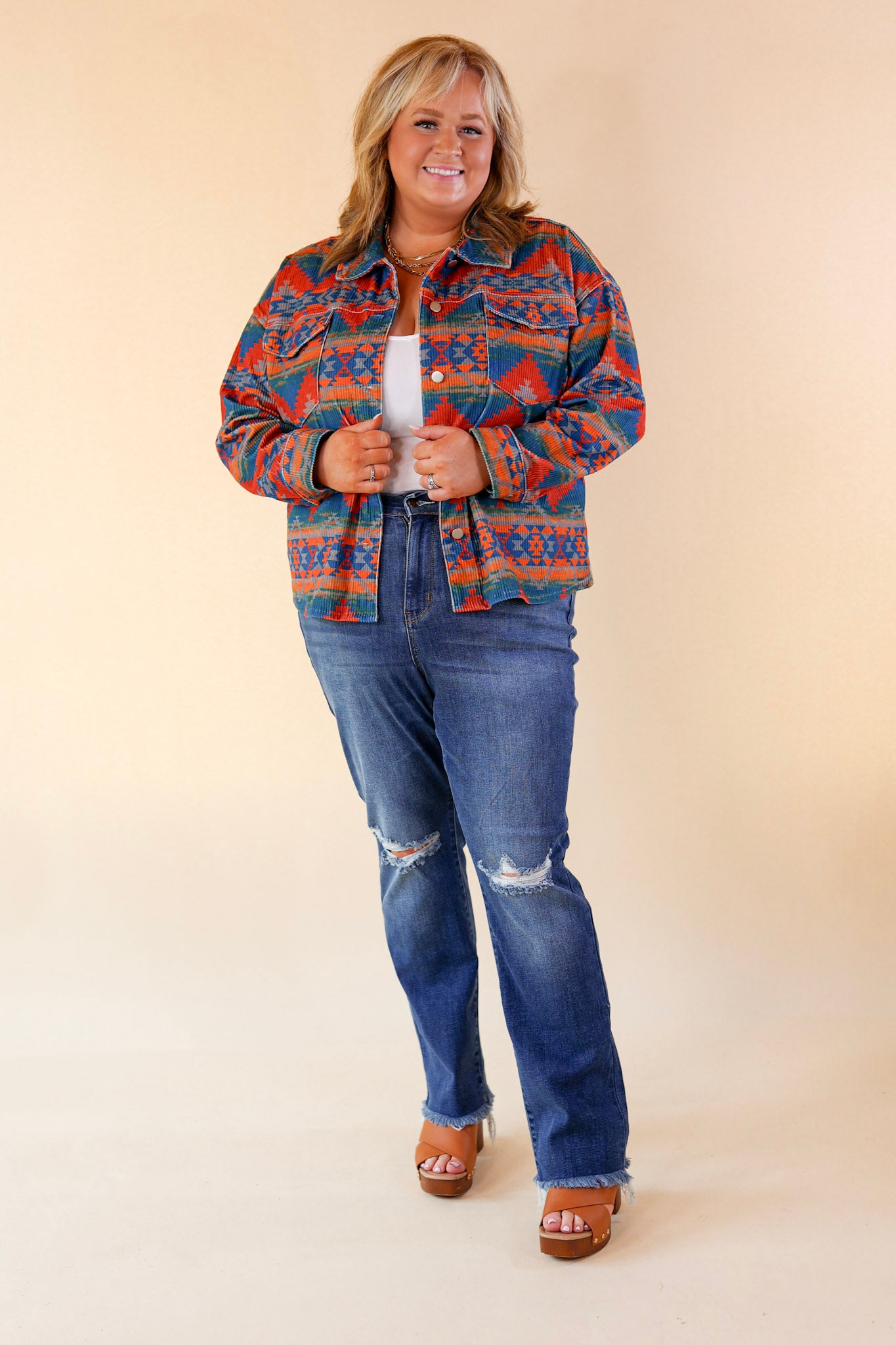 Premium Corduroy Aztec Print Shacket - Red & Blue
