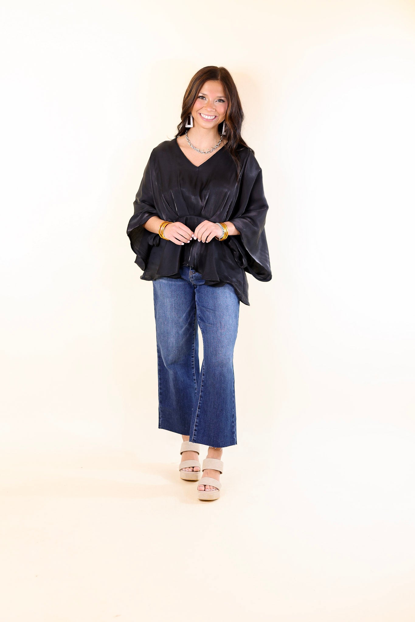 Ultimate Shiny Black Satin V-Neck Peplum Top with Drop Sleeves