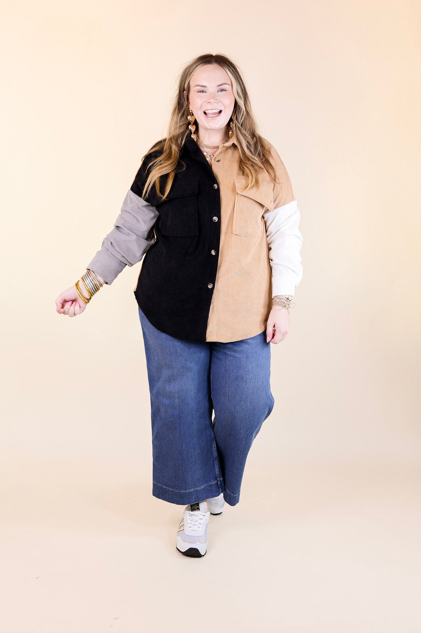 Premium Corduroy Shacket - Black & Tan Color Block Style
