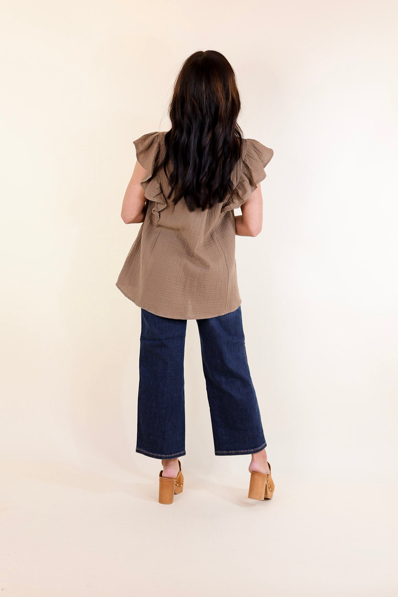 Premium Dual Season Ruffle Top - Mocha Brown with Keyhole & Tie Neckline
