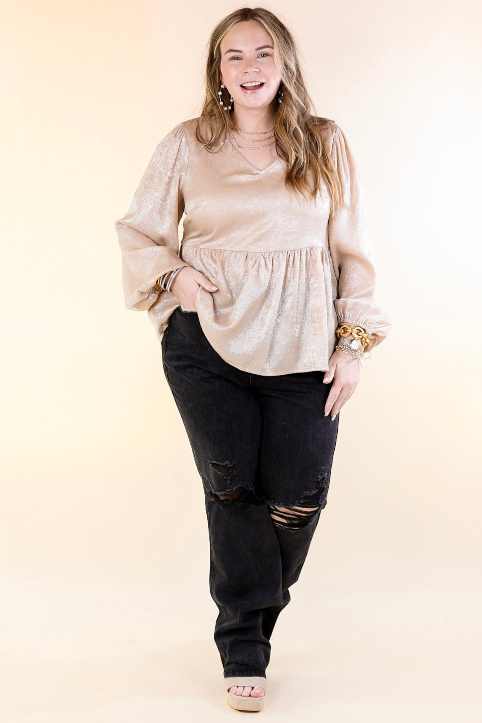 Premium Metallic V-Neck Peplum Top - Ultimate Fall Fashion