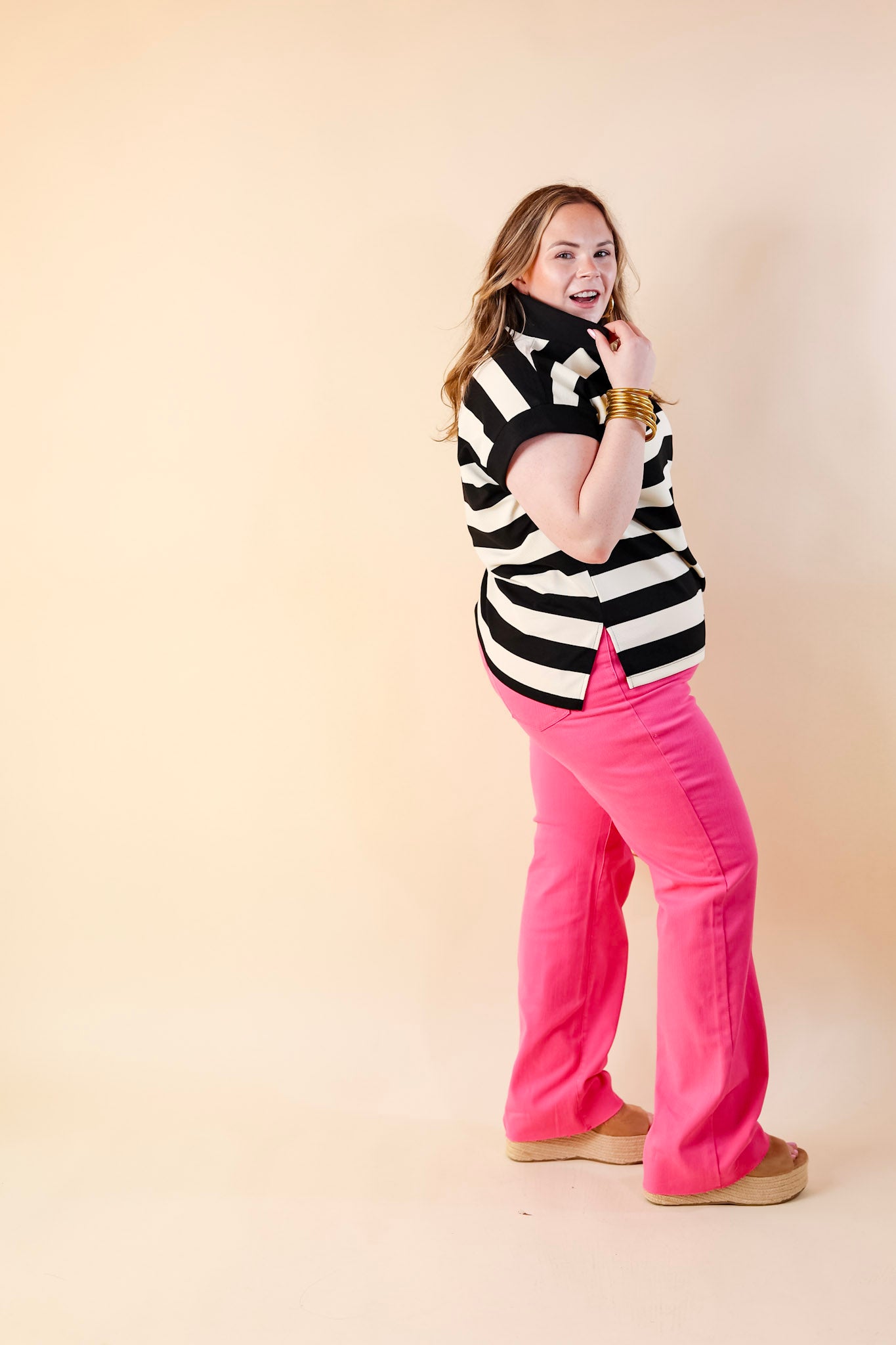 Ultimate Stripe It Simple Collared Top – Black & Cream with Drop Sleeves