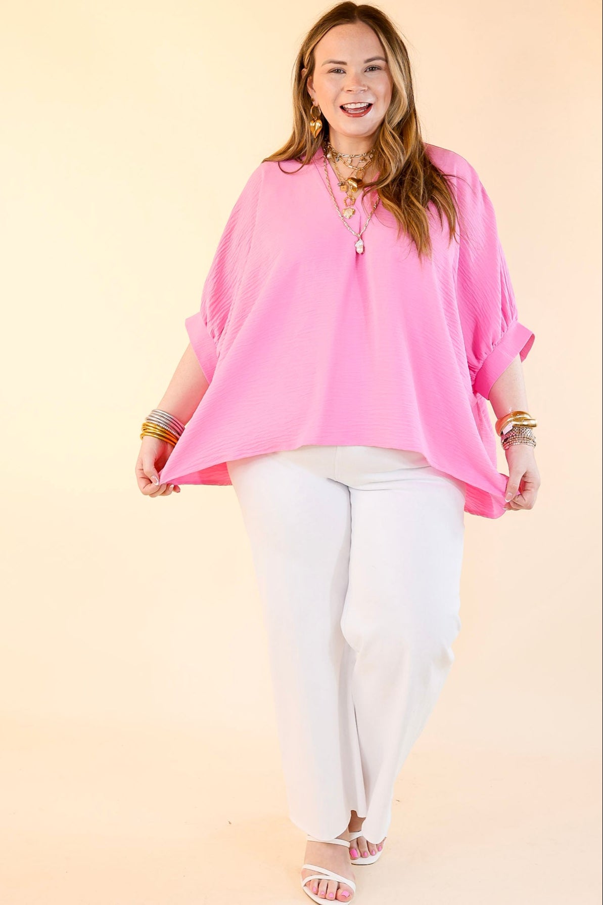 Premium V-Neck Blouse: Candy Pink Half-Sleeve Essential