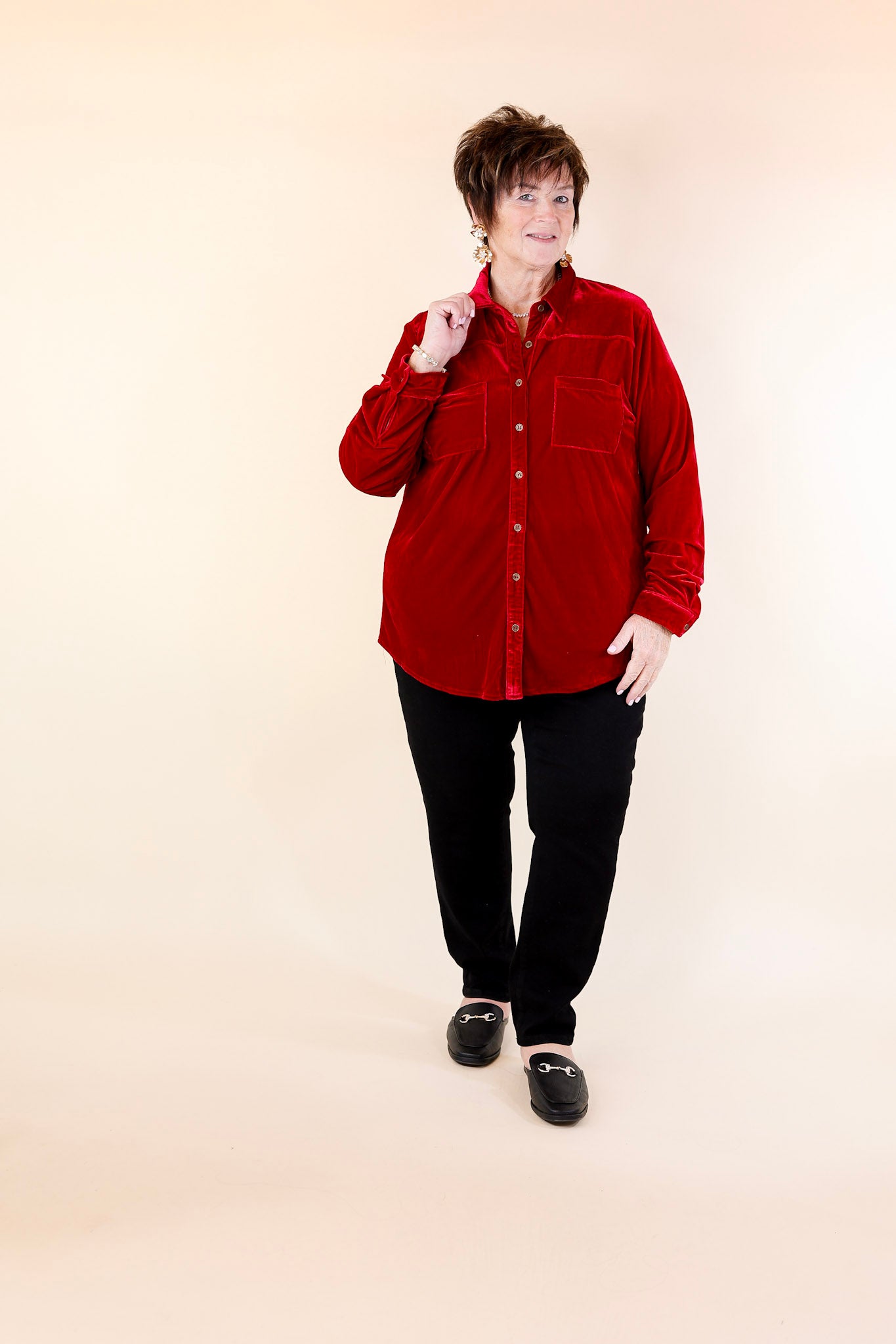 Premium Velvet Button-Up Blouse - Candy Apple Red
