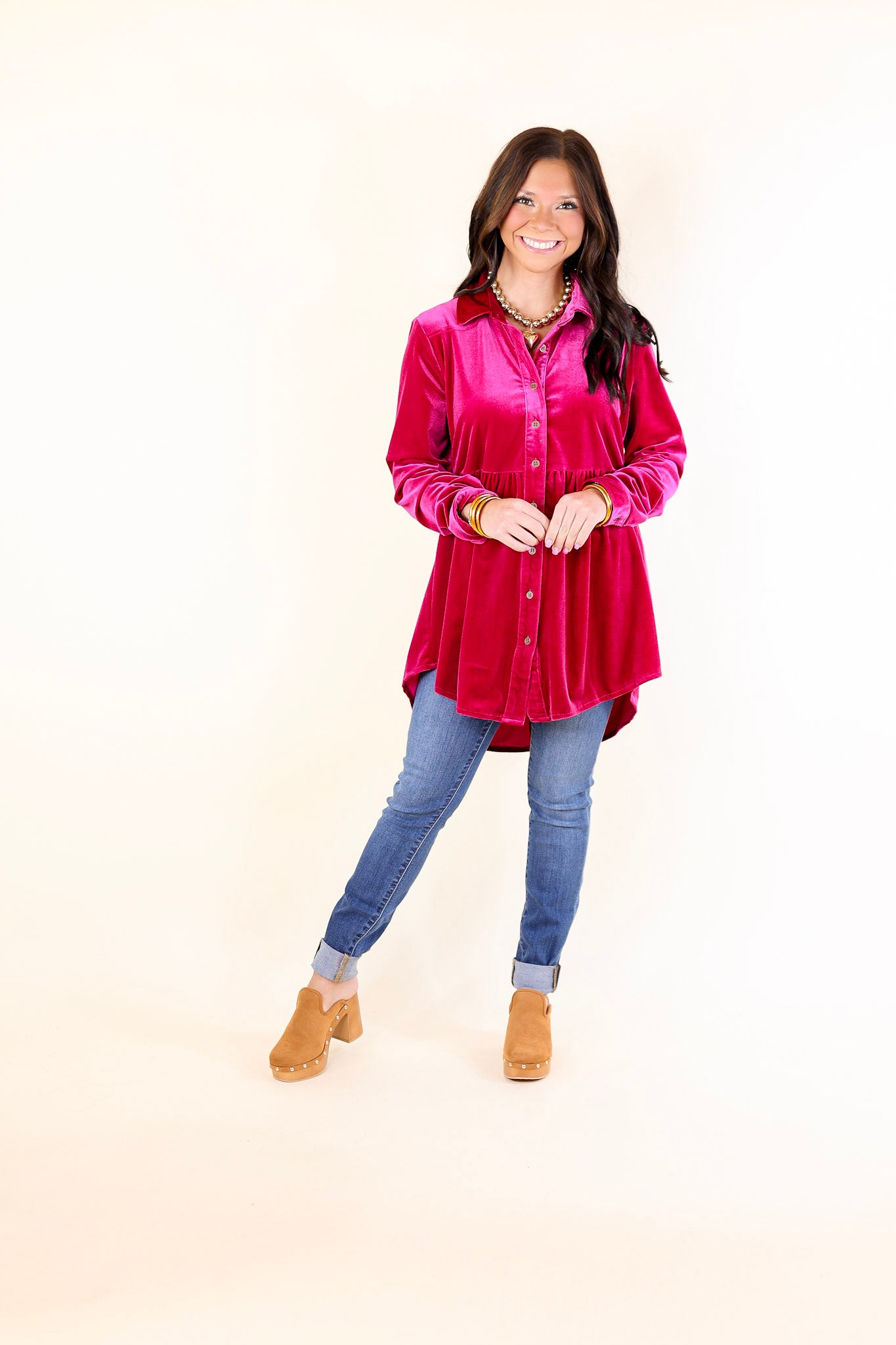 Premium Velvet Babydoll Tunic Top - Raspberry Pink | Ultimate Elegance