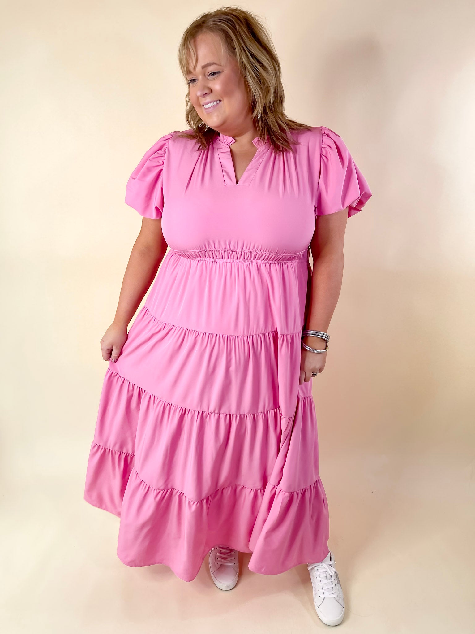 Premium 'Table for Two' Maxi Dress - Bubblegum Pink with Puff Sleeves