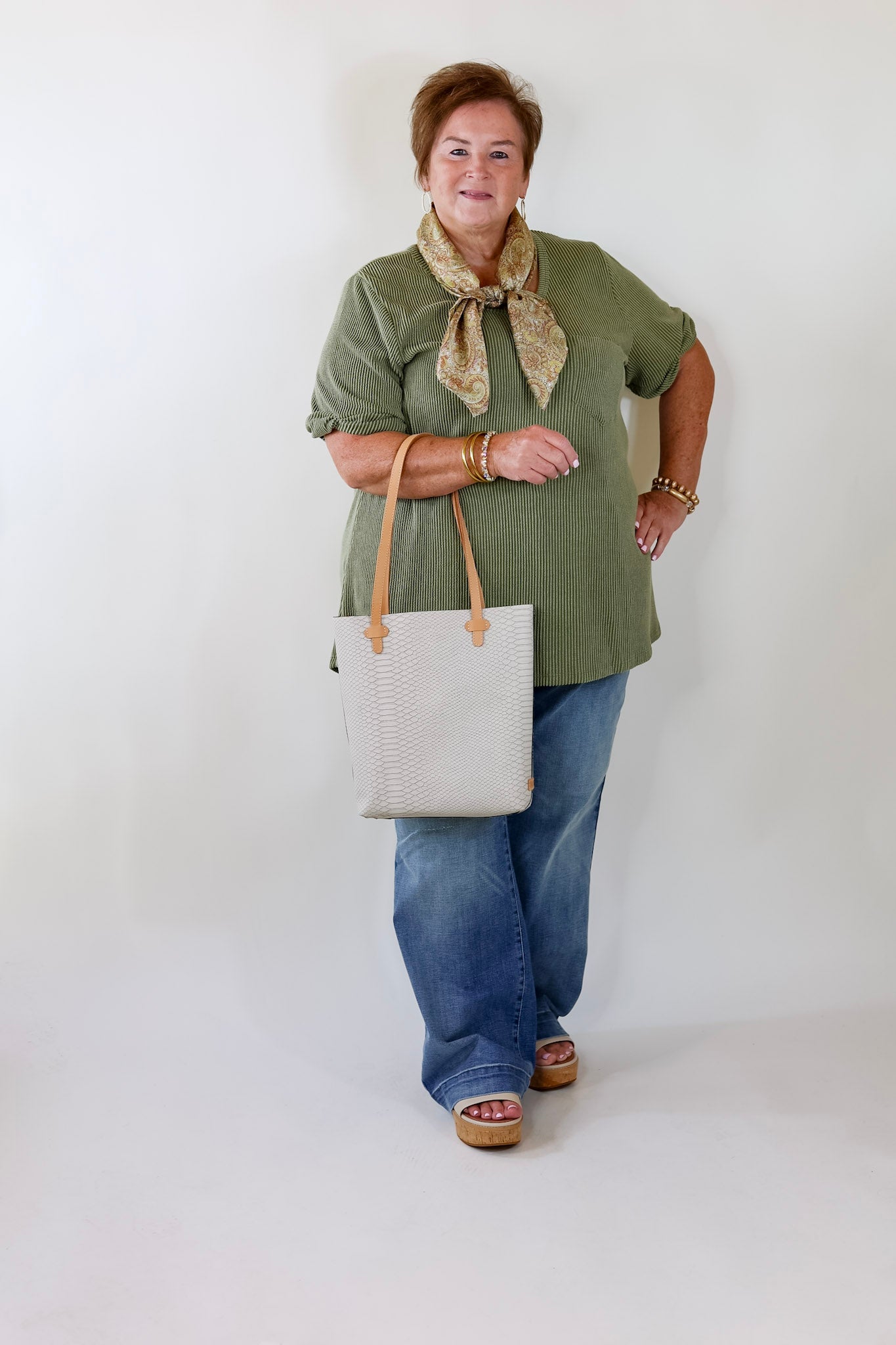 Premium Olive Green Ribbed Short Sleeve Top with Front Pocket