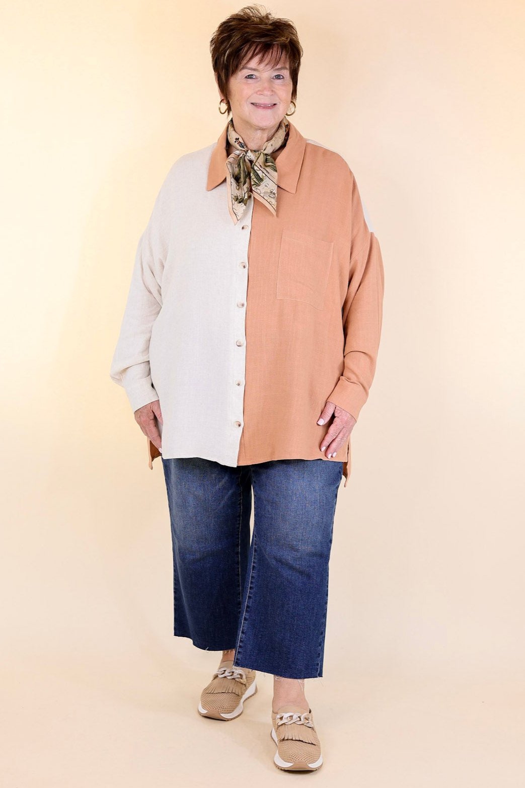 Premium Terracotta Color Block Button-Up Top