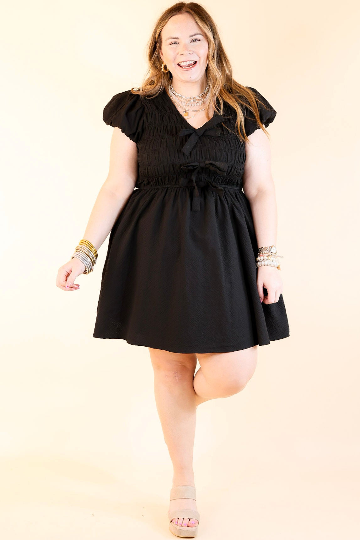 Premium Elegance Cap Sleeve Bow Dress in Black