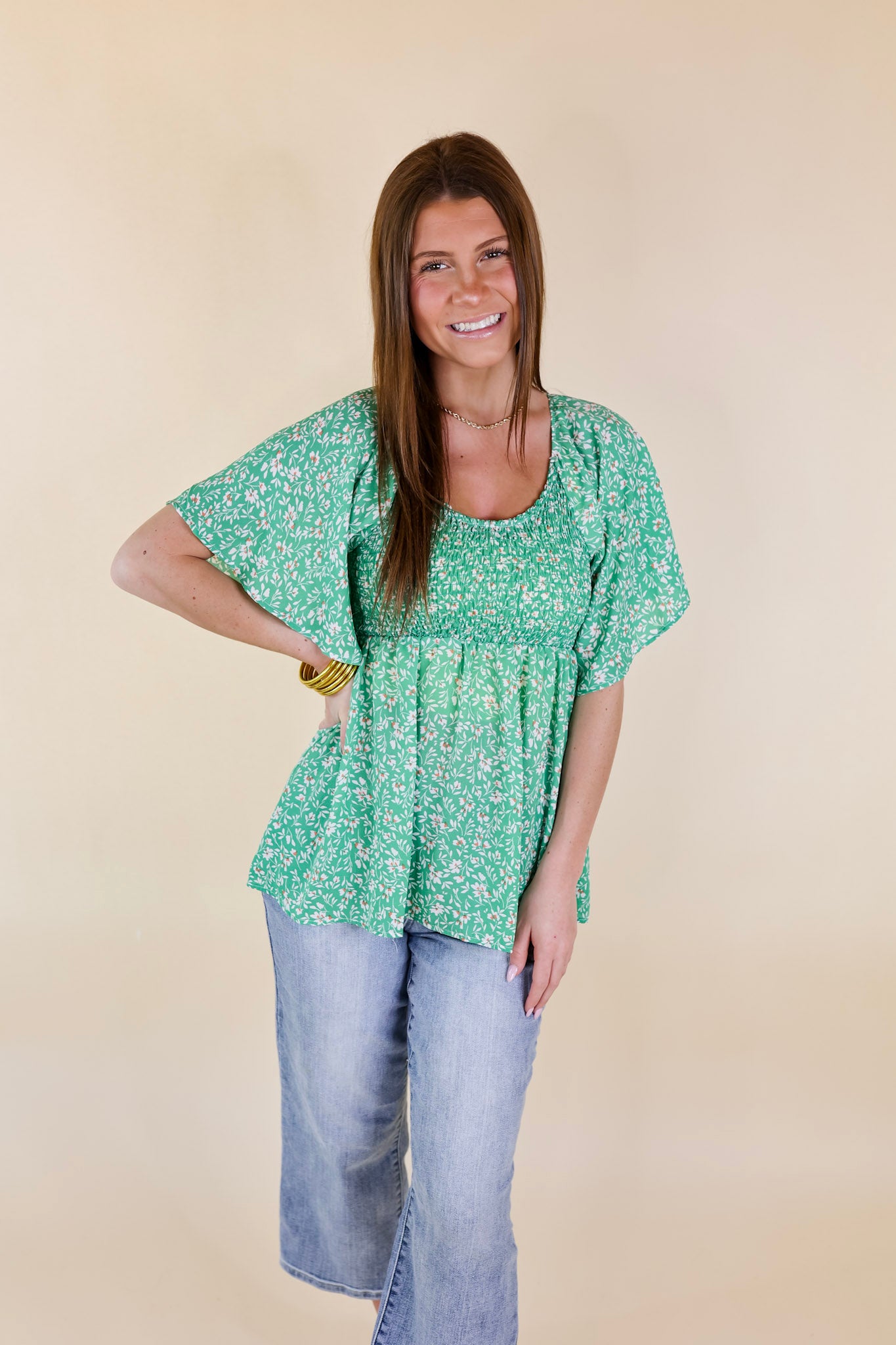 Premium Floral Smocked Top - Green Coastal Chic