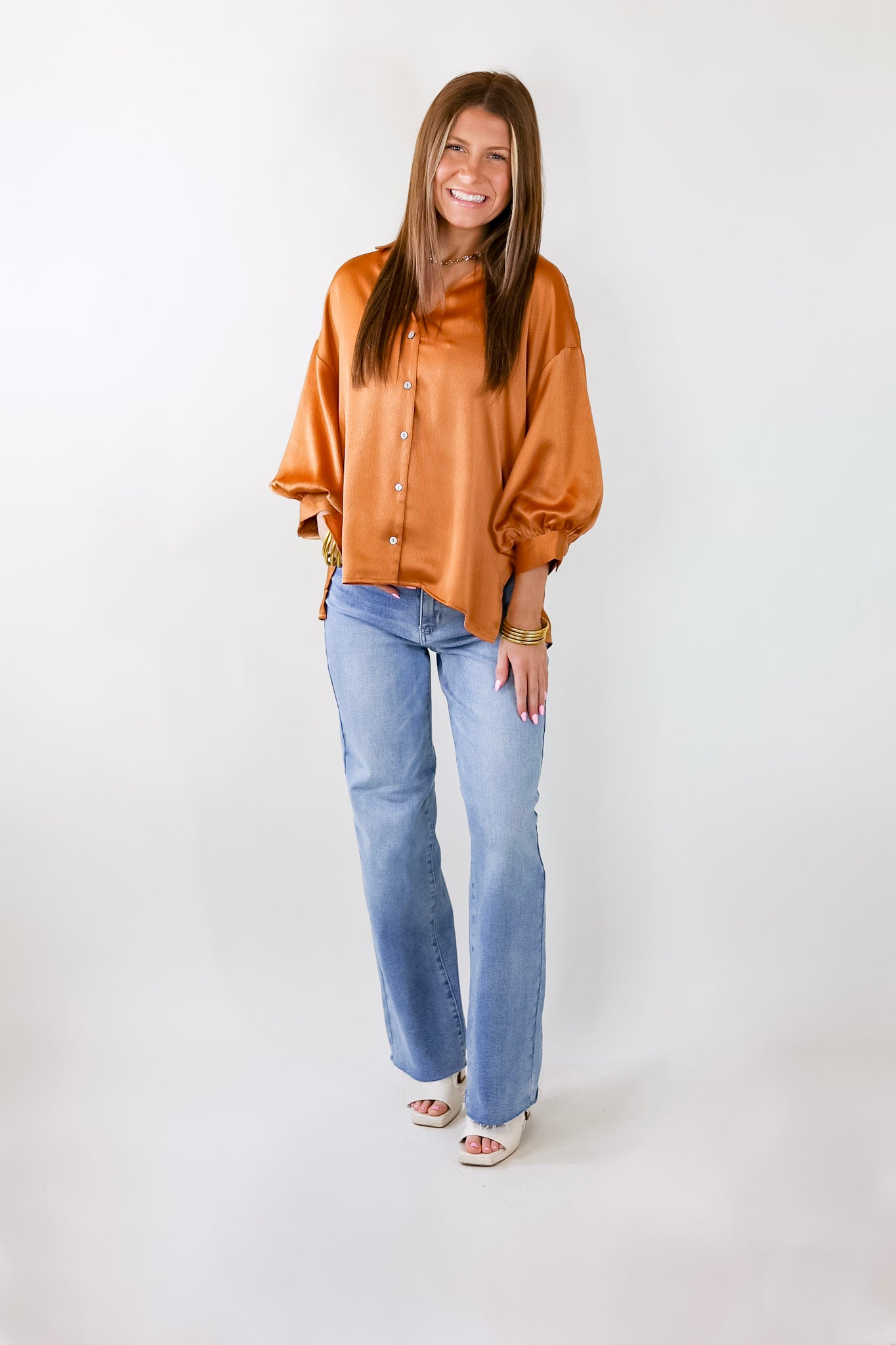 Premium Sweet Notion Button-Up Top with Balloon Sleeves in Pumpkin Orange