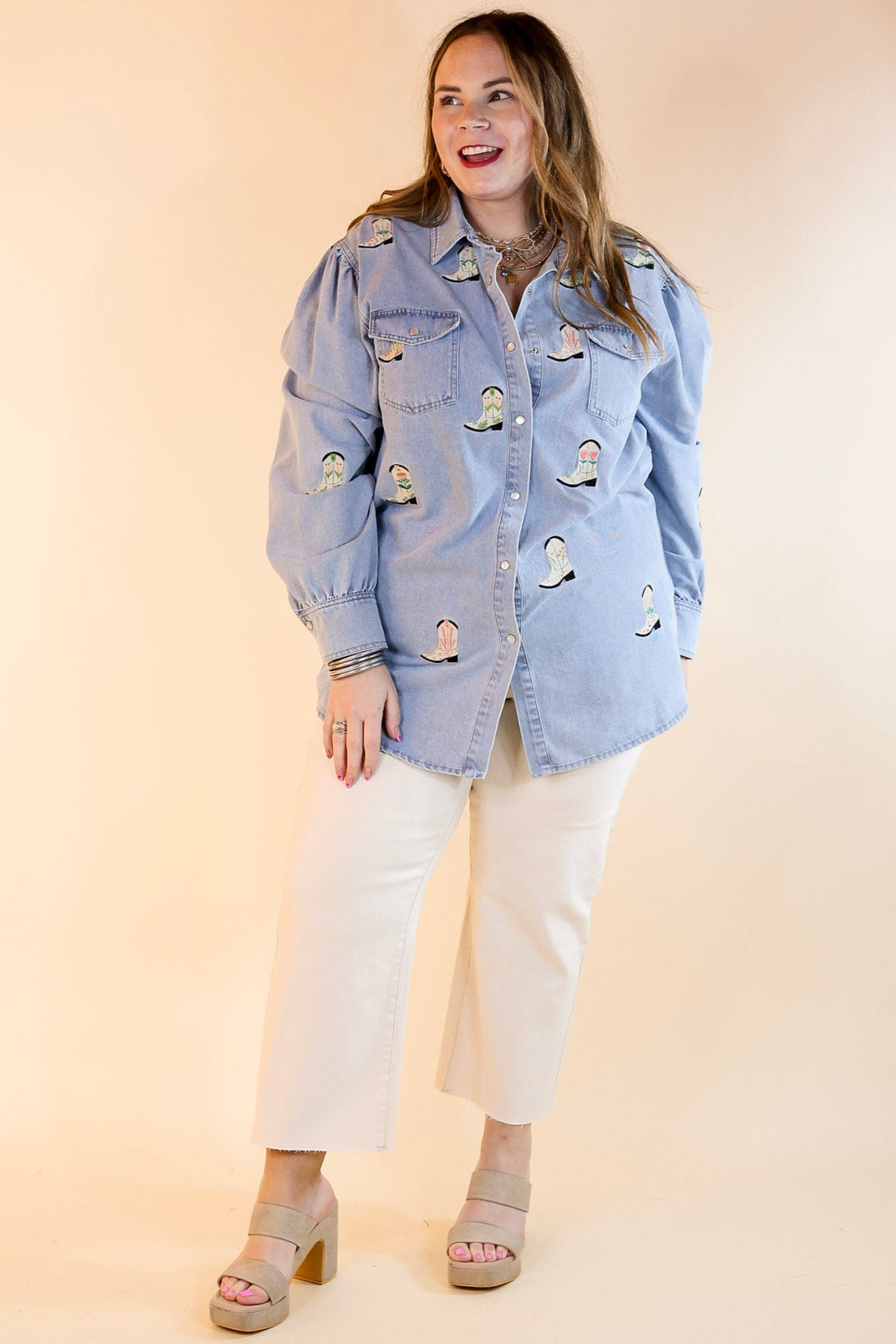 Premium Cowgirl Charm Denim Shirt with Embroidered Boot Icons
