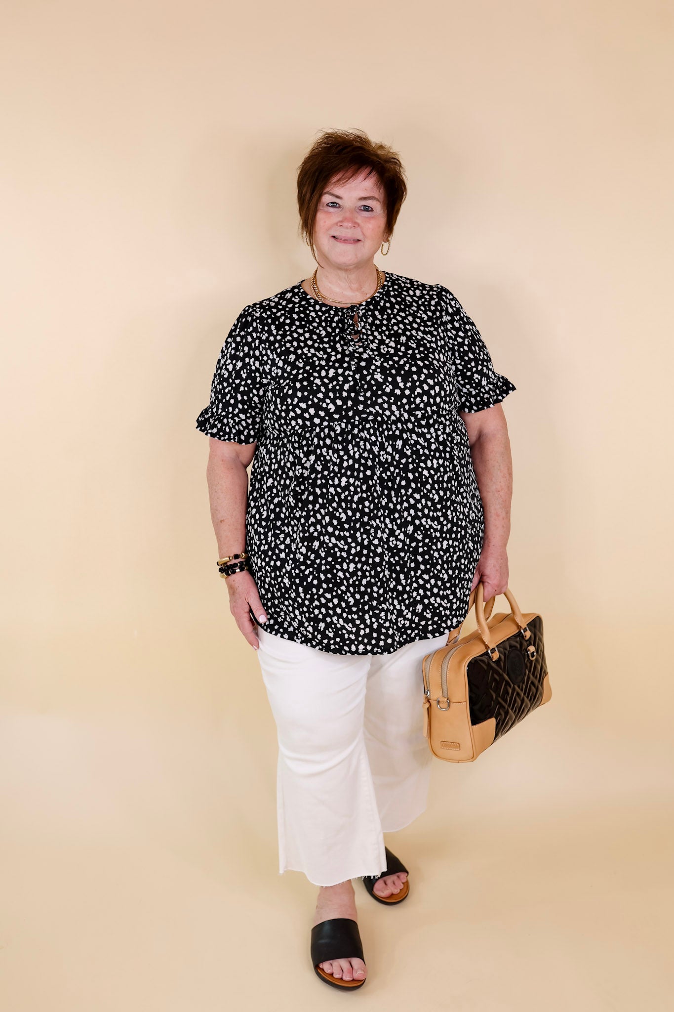 Premium Cheetah Print Babydoll Top - Black with Keyhole & Tie Neckline