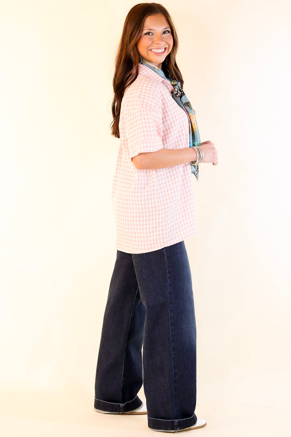 Ultimate Spring Style: Light Pink Gingham Short Sleeve Button-Up Top