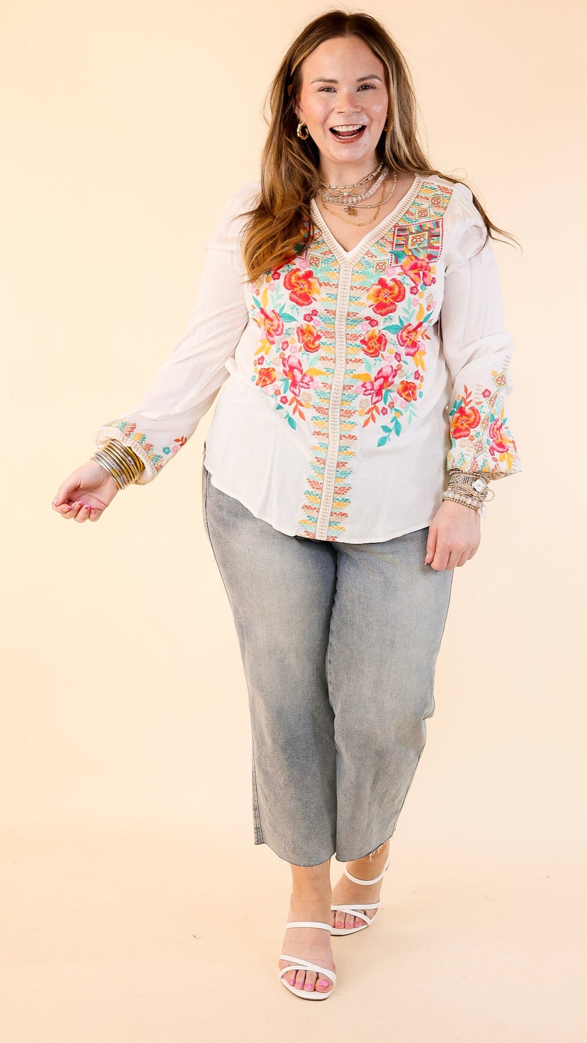 Premium V-Neck Long Sleeve Embroidered Top - White | Ultimate Brunch Style