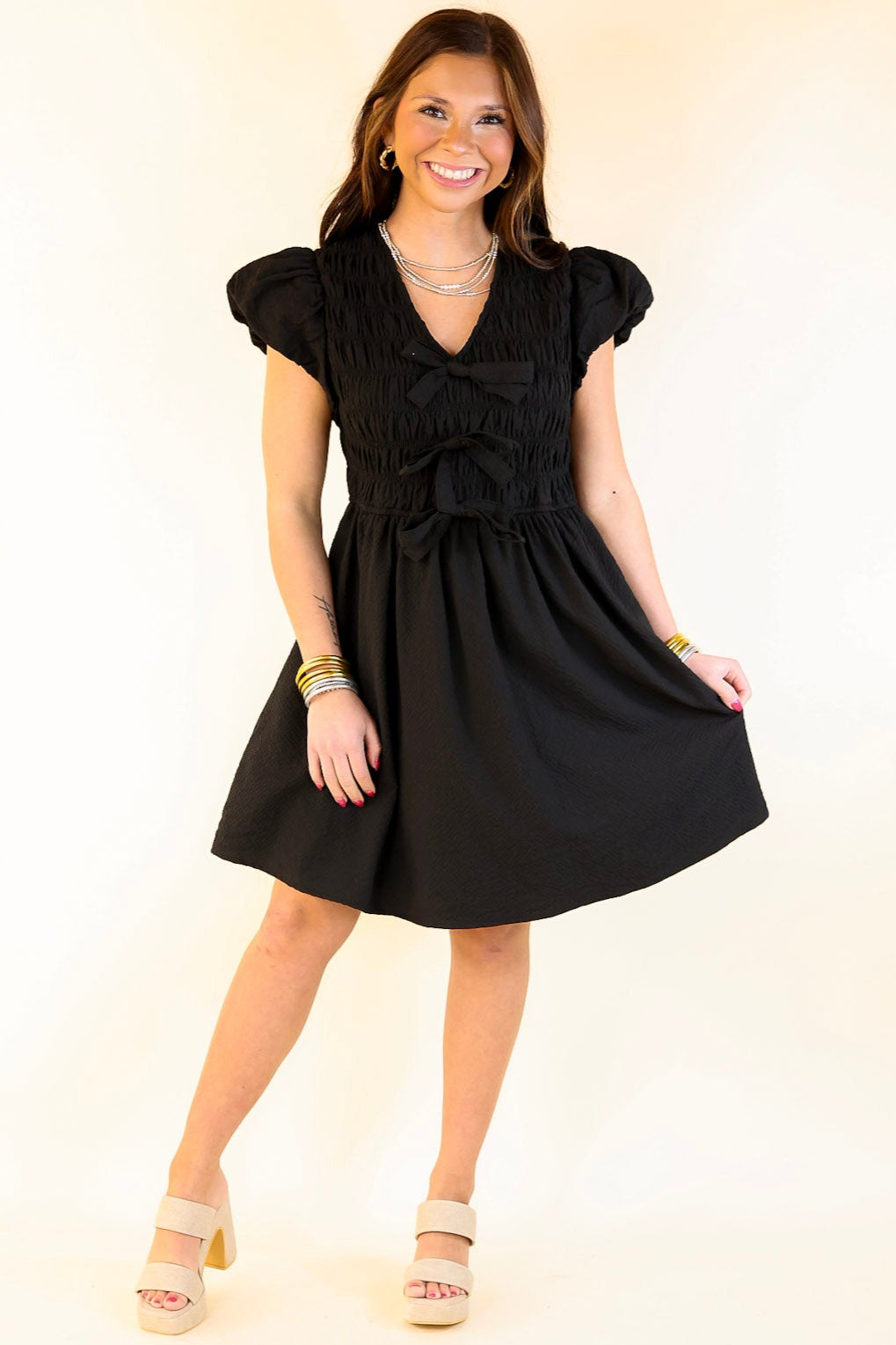 Premium Elegance Cap Sleeve Bow Dress in Black