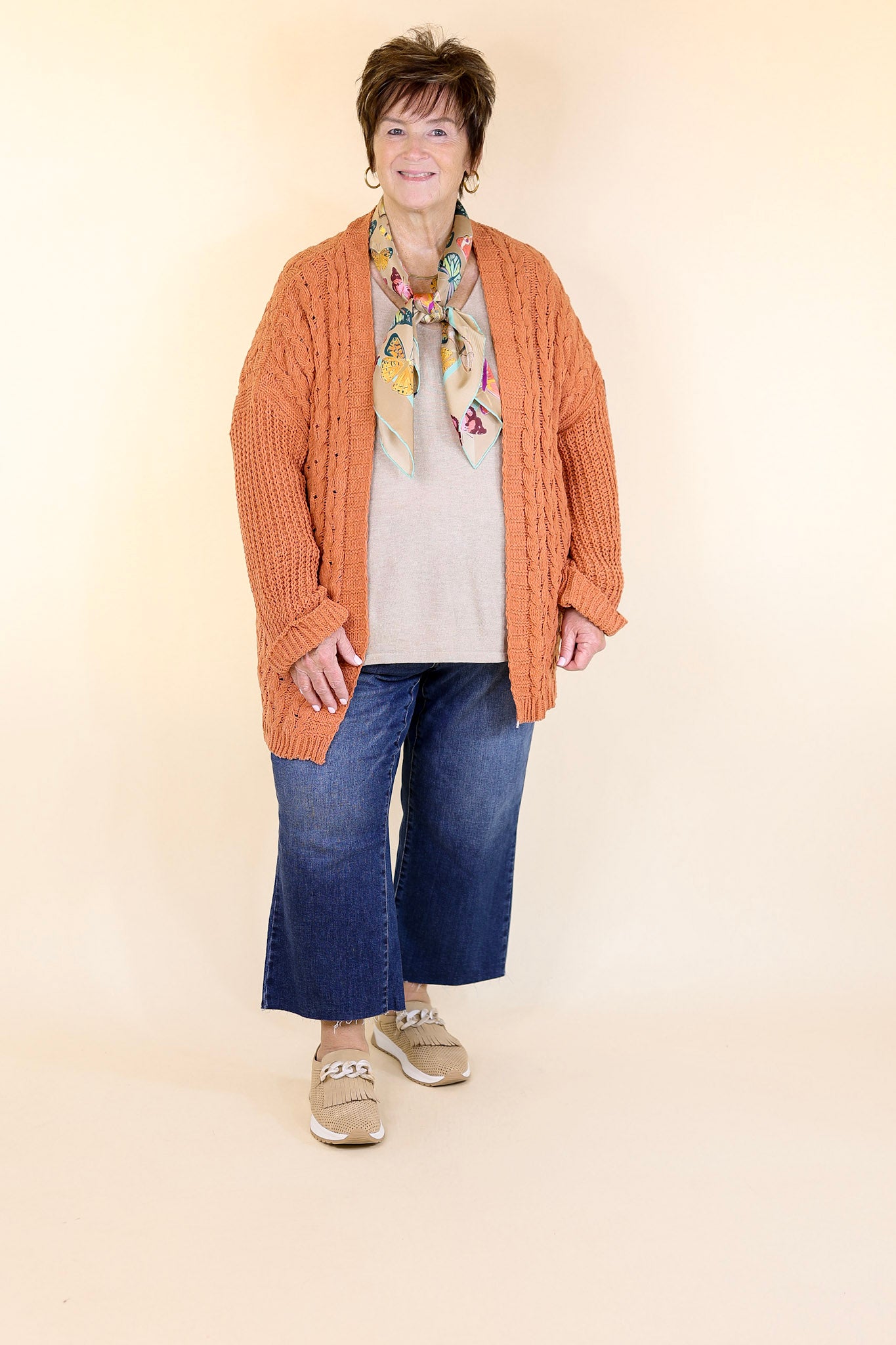 Premium On My Level Chenille Cable Knit Cardigan - Canyon Clay Orange