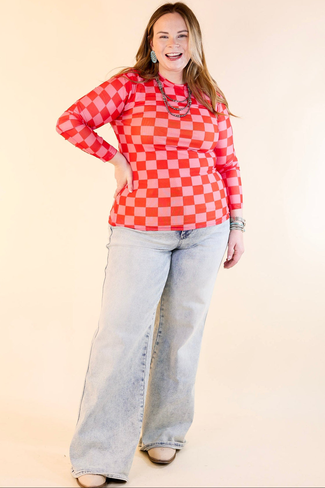 Premium Western Dream Checkered Mesh Long Sleeve Top - Pink & Red