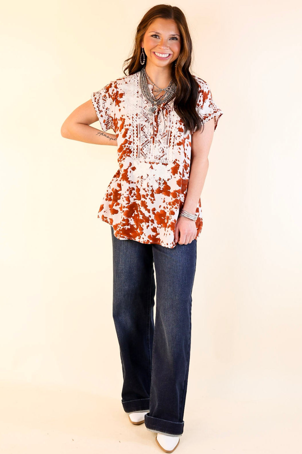 Premium Embroidered Applause Top – White & Rust Orange