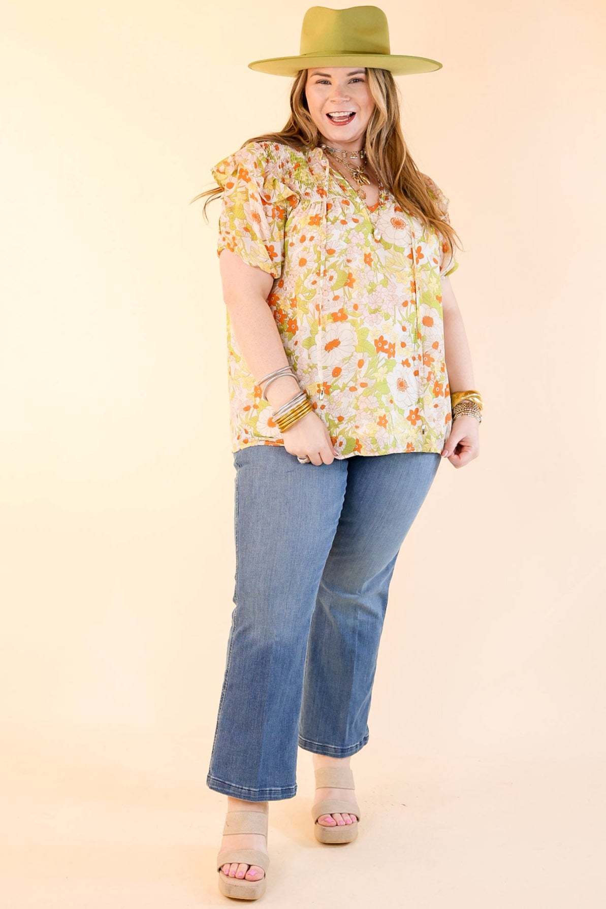 Premium Floral Keyhole Top - Ivory & Green Elegance