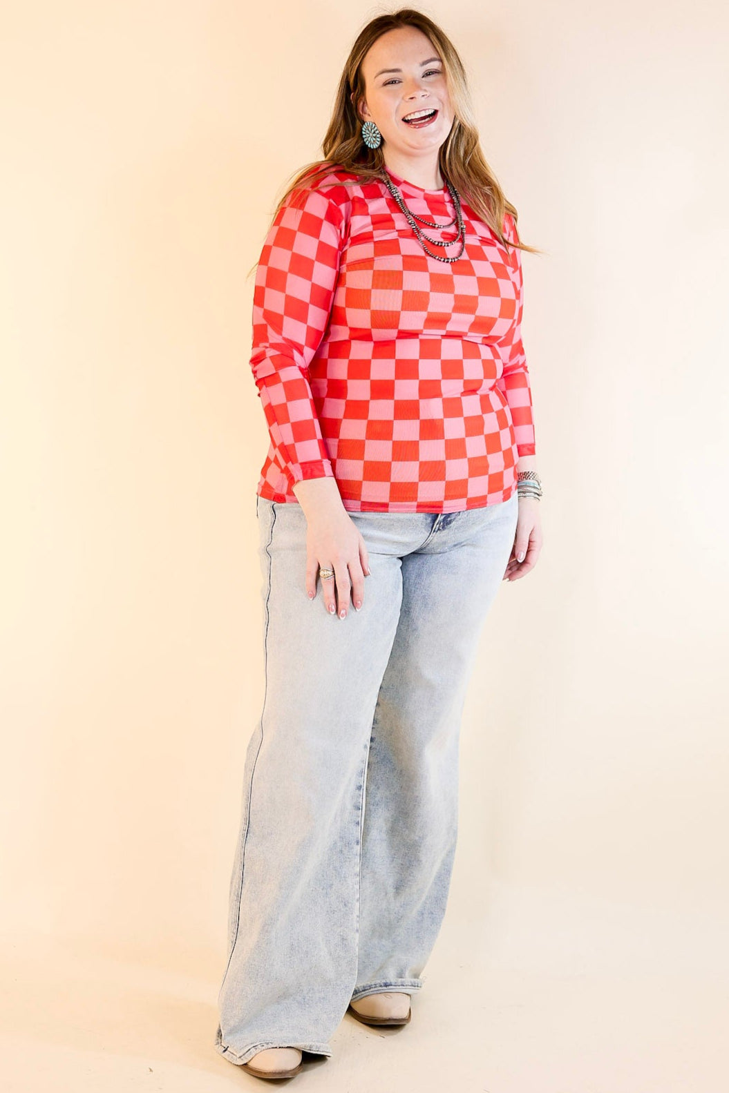 Premium Western Dream Checkered Mesh Long Sleeve Top - Pink & Red