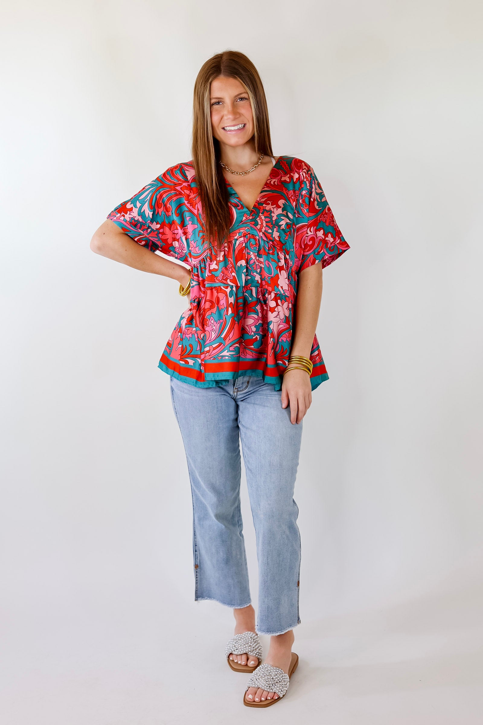 Premium Merlot Baroque Print V-Neck Top - Stylish Pink & Teal Design