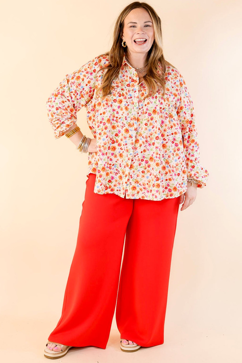 Premium Secret Garden Floral Print Blouse with Elegant Collar and Long Sleeves in Cream