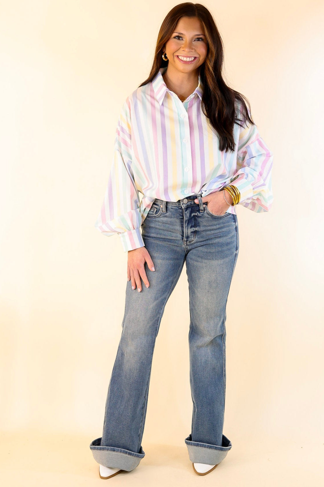 Ultimate Cowgirl Chic Button-Up Striped Blouse in Pastel White