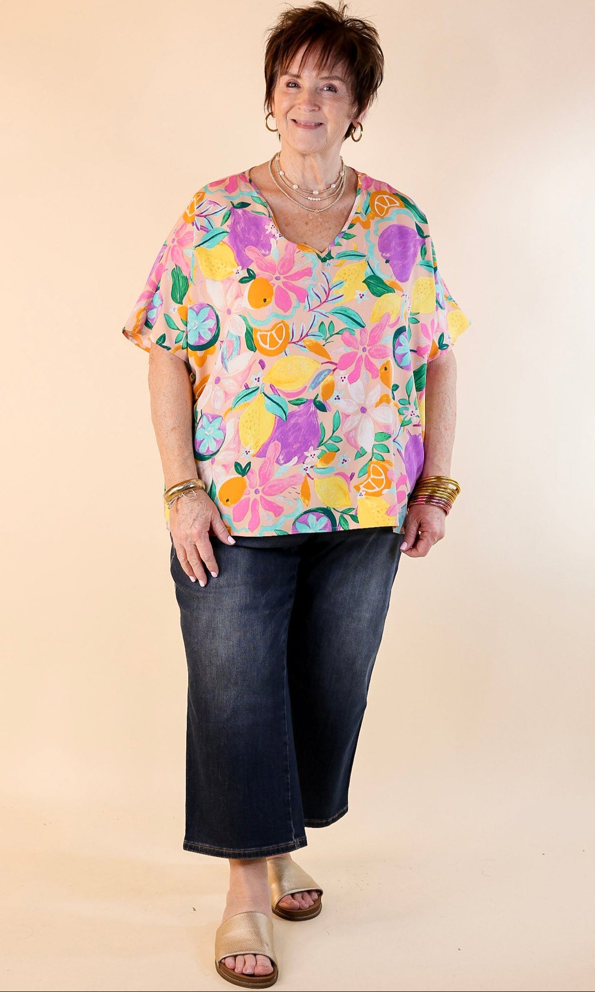 Premium V-Neck Fruit Print Poncho Top in Blush Pink | Ultimate Style Upgrade