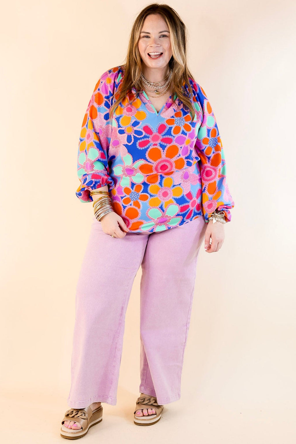 Premium Floral Print Blouse with Notched Neckline - Blue