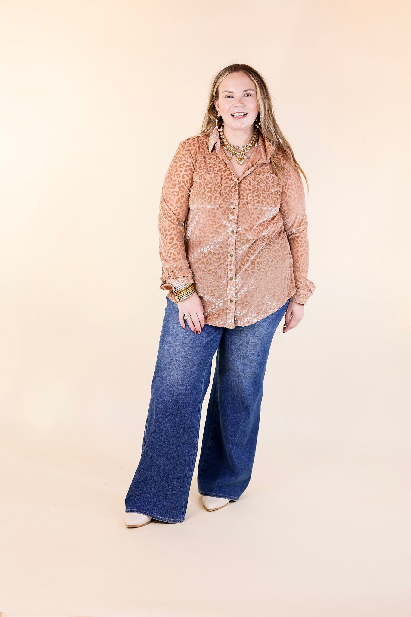 Premium Champagne Velvet Animal Print Blouse - Long Sleeve Button-Up for Evening Elegance