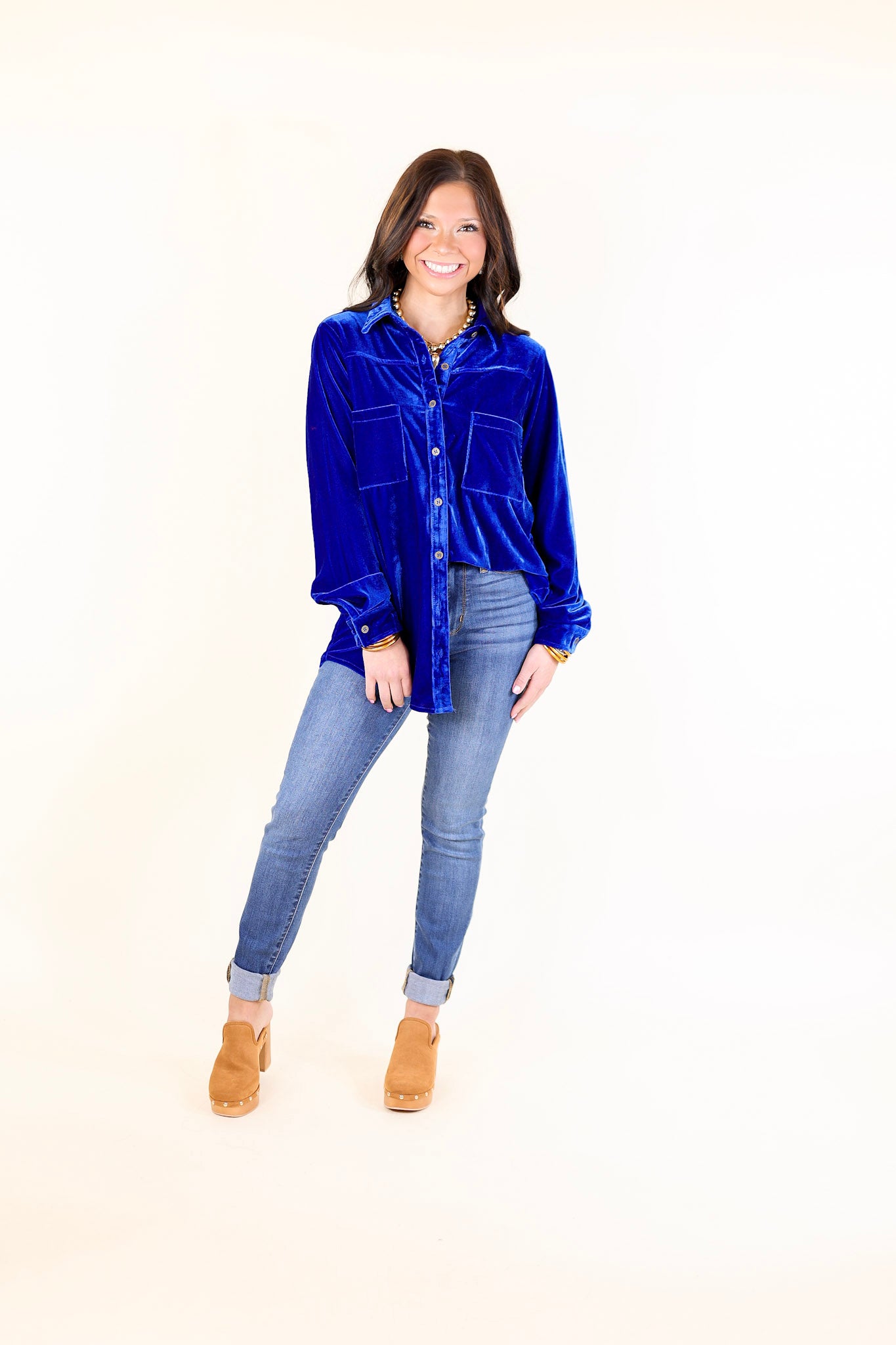 Premium Velvet Royal Blue Button-Up Blouse for Evening Elegance