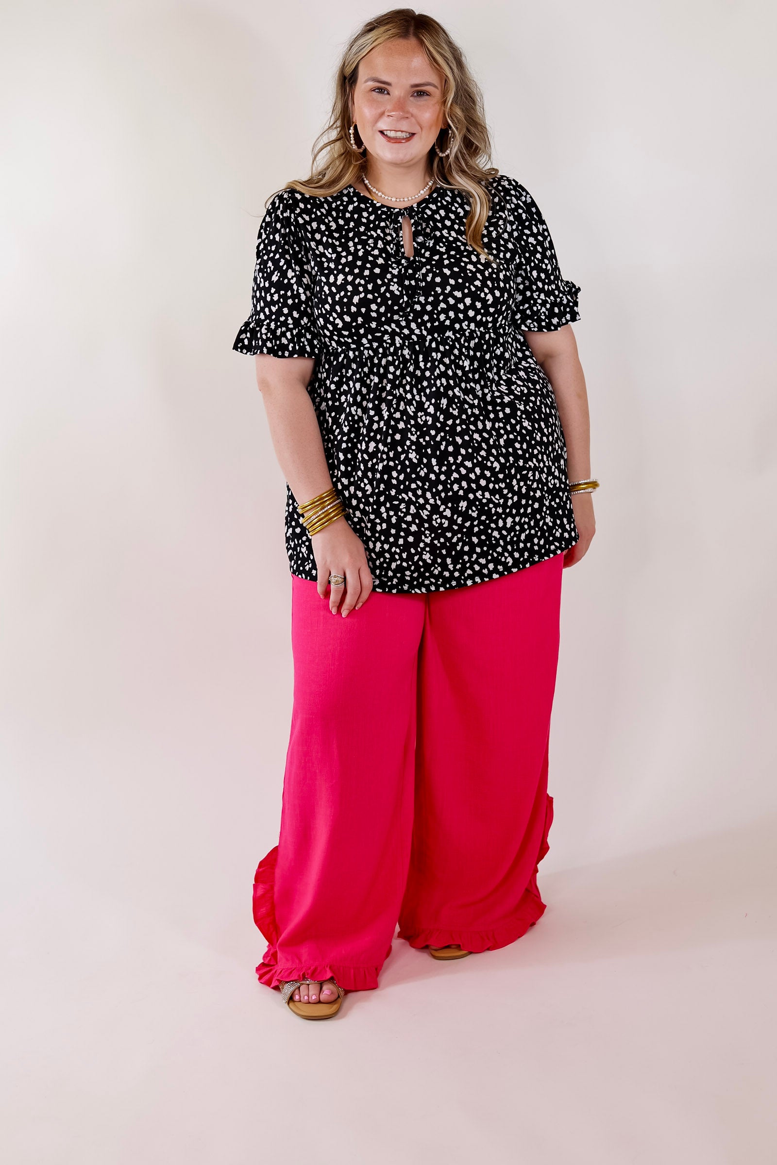 Premium Cheetah Print Babydoll Top - Black with Keyhole & Tie Neckline
