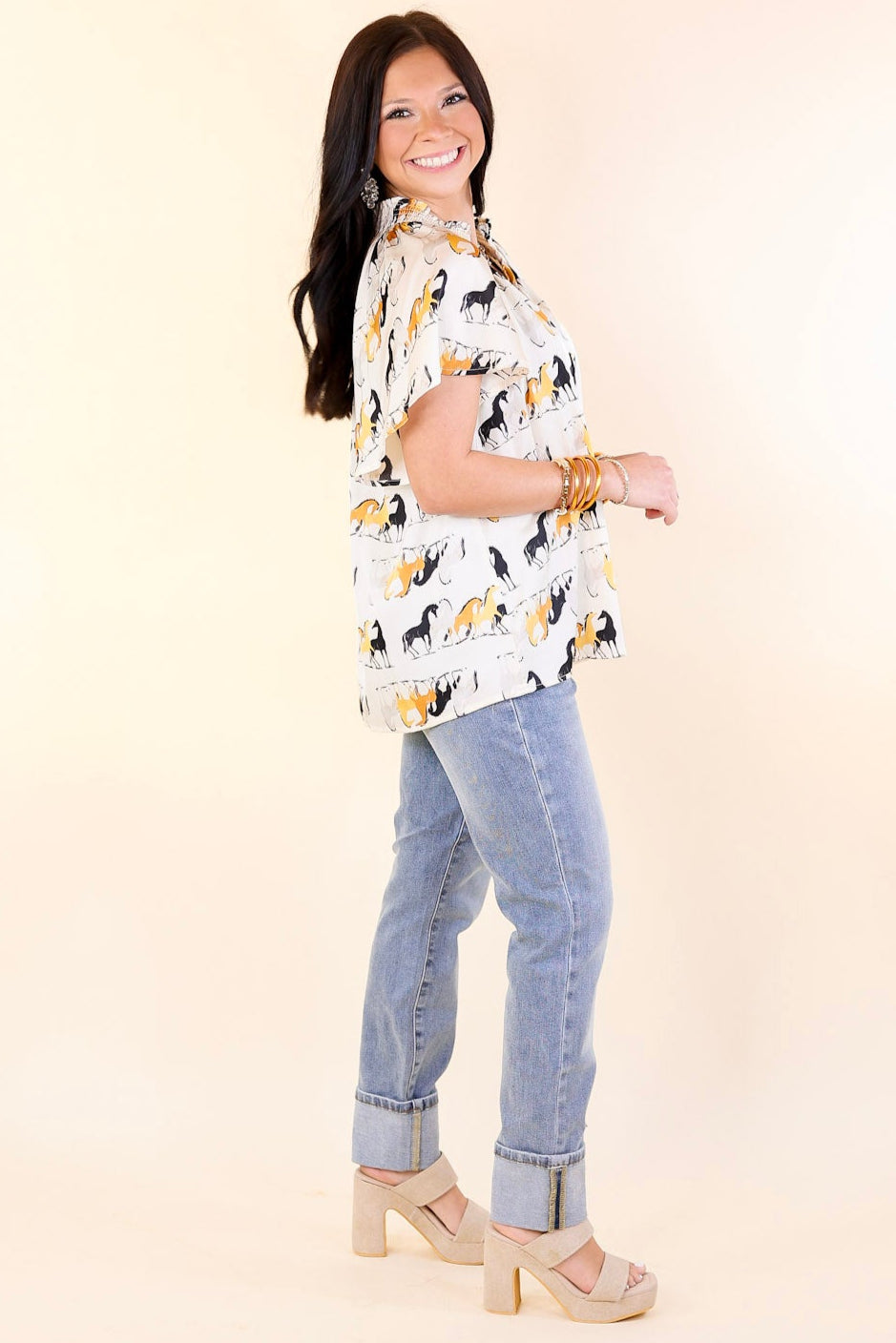Premium Away We Go Ivory Horse Print Button-Up Shirt