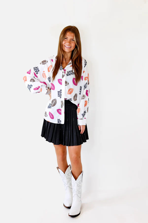 Ultimate Gameday Football Print Button-Up Top - Premium White