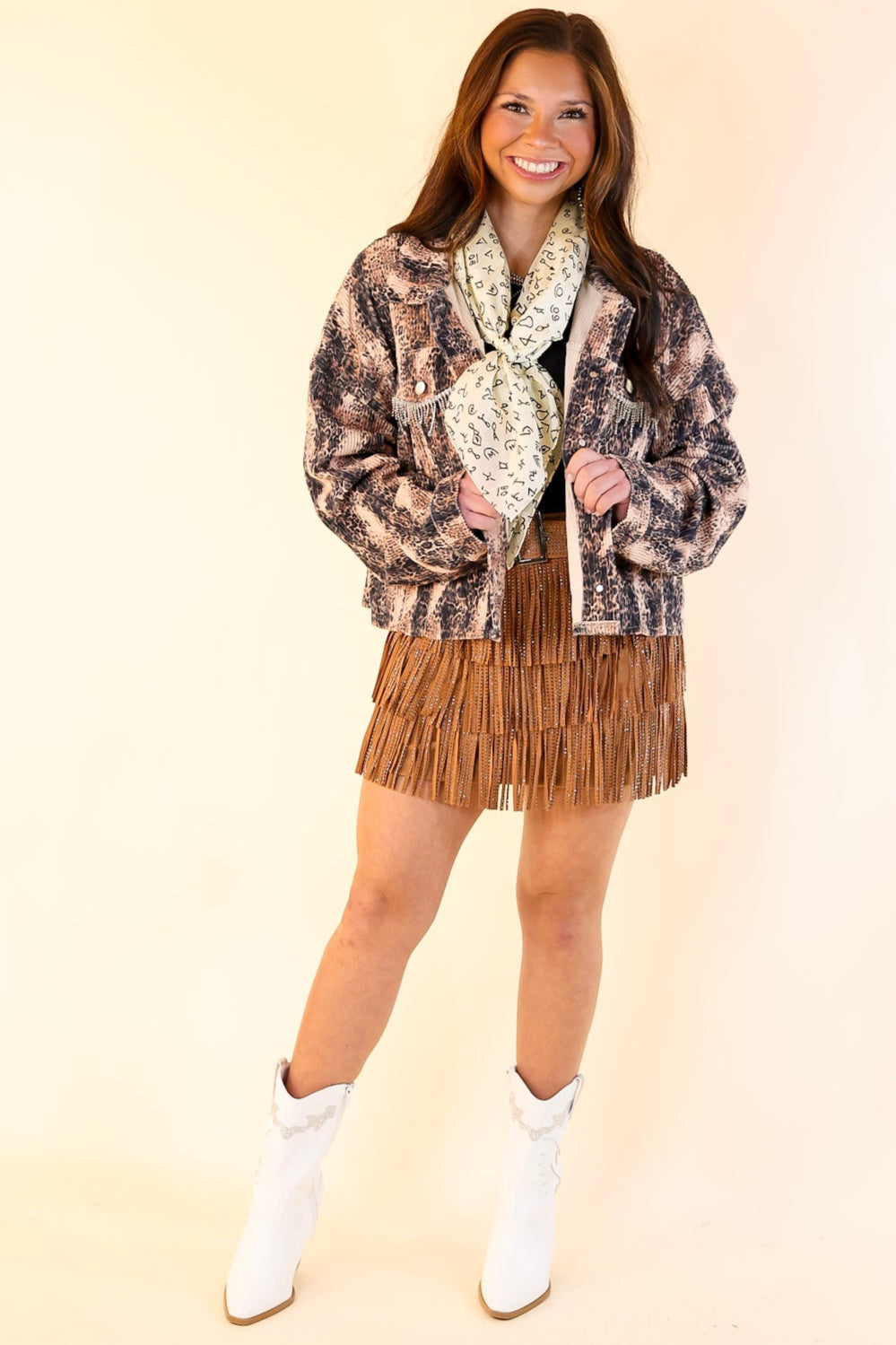 Ultimate Chic Corduroy Animal Print Jacket with Crystal Fringe - Blush Pink & Black