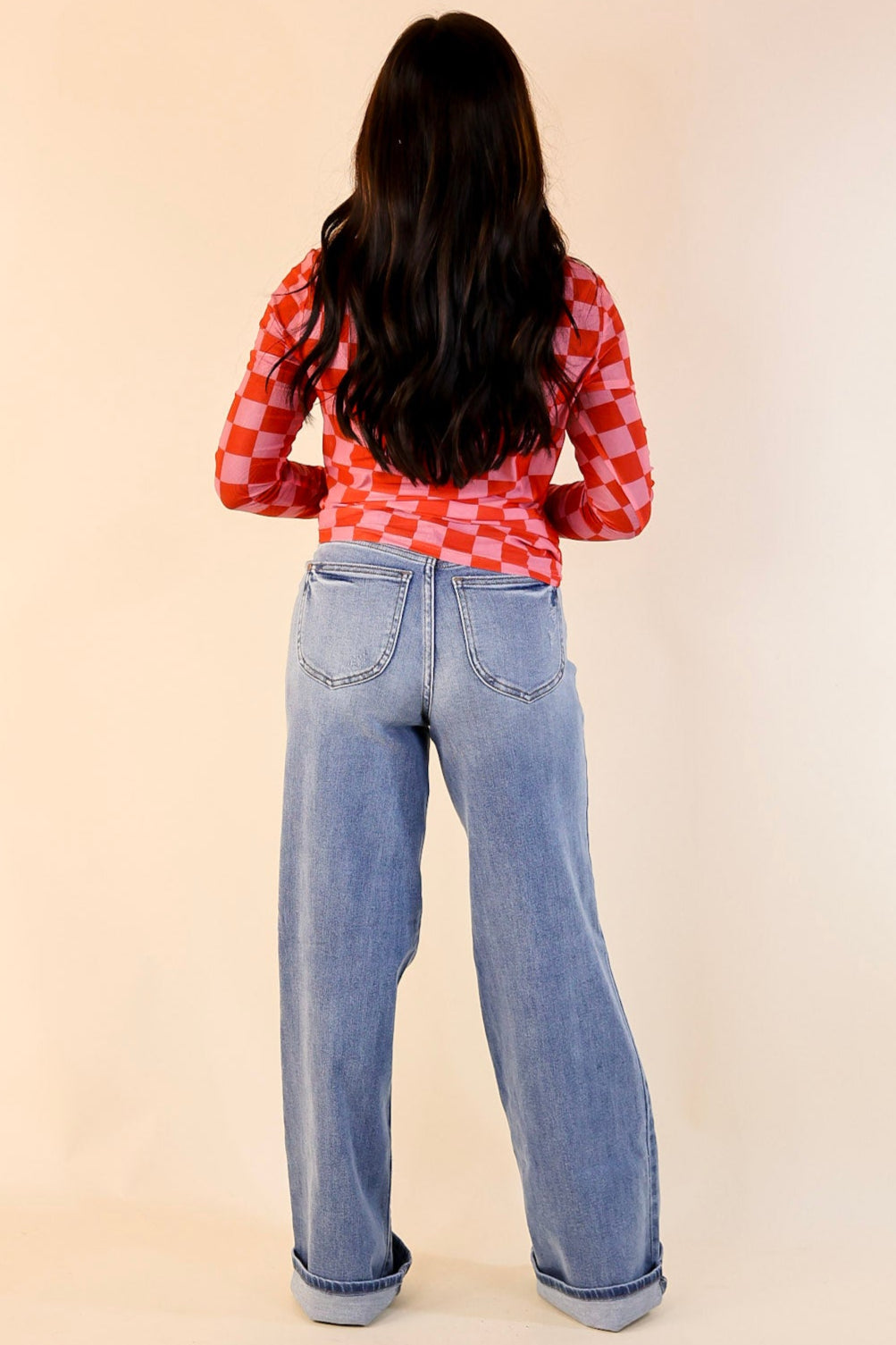 Premium Western Dream Checkered Mesh Long Sleeve Top - Pink & Red